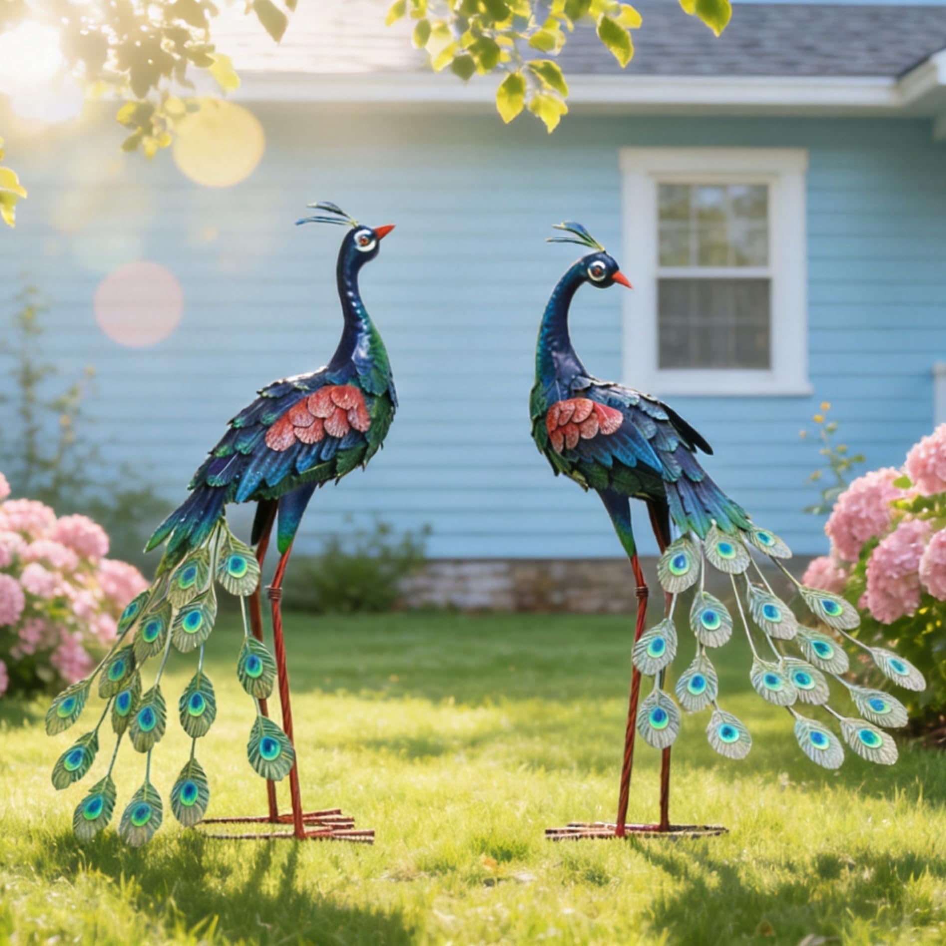 chisheen peacock placed in flowerbed adding color and vertical interest