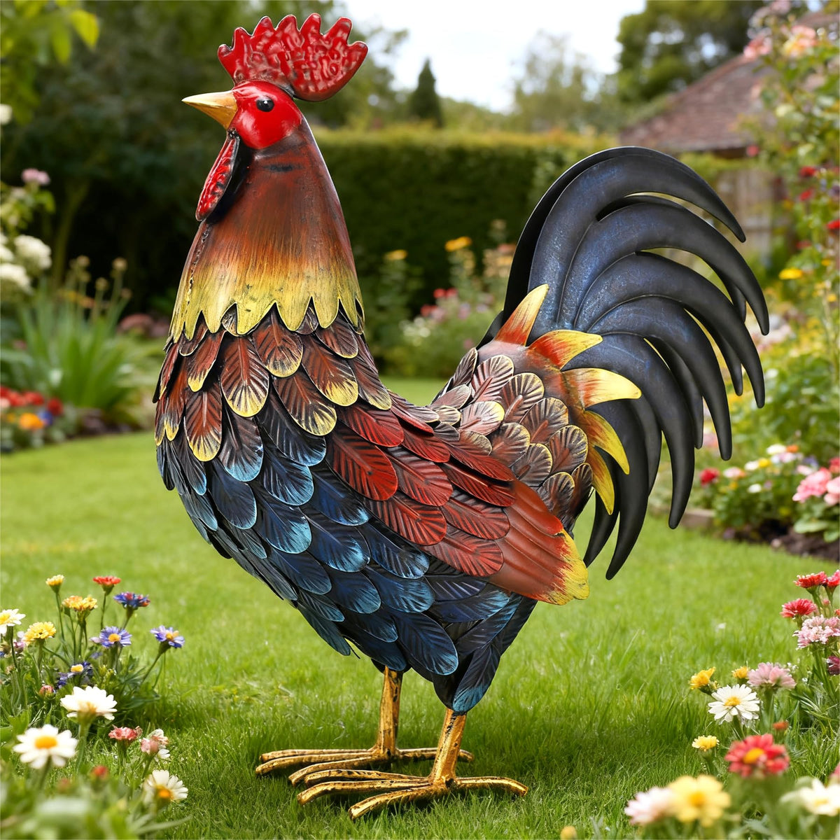chisheen rooster front view showing colorful finish and sturdy stance