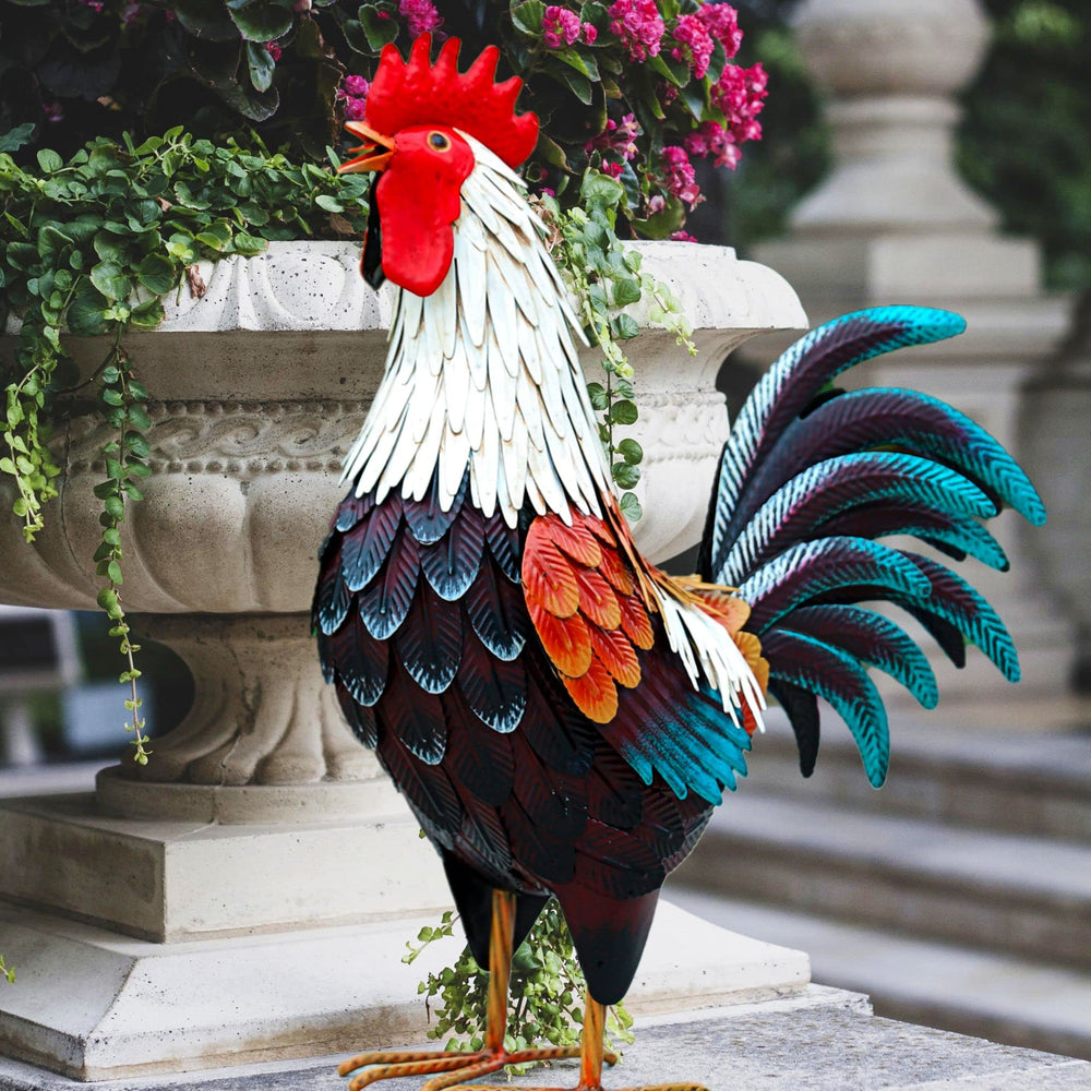 chisheen front view of metal rooster showing vibrant colors and curb appeal
