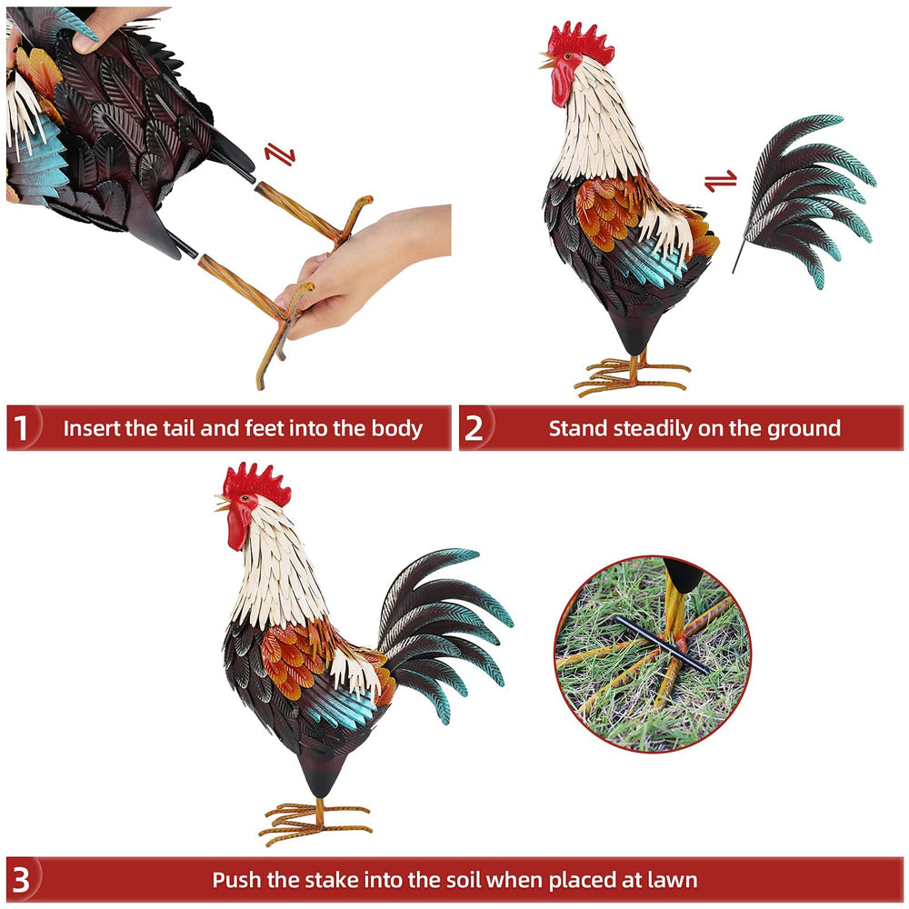 chisheen rooster placed in garden giving rustic focal point and contrast