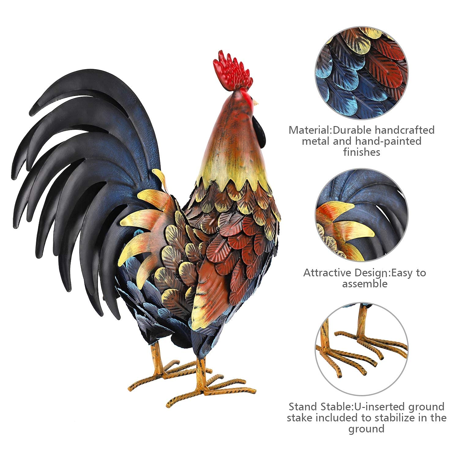 chisheen rooster placed in flower bed adding garden charm and color