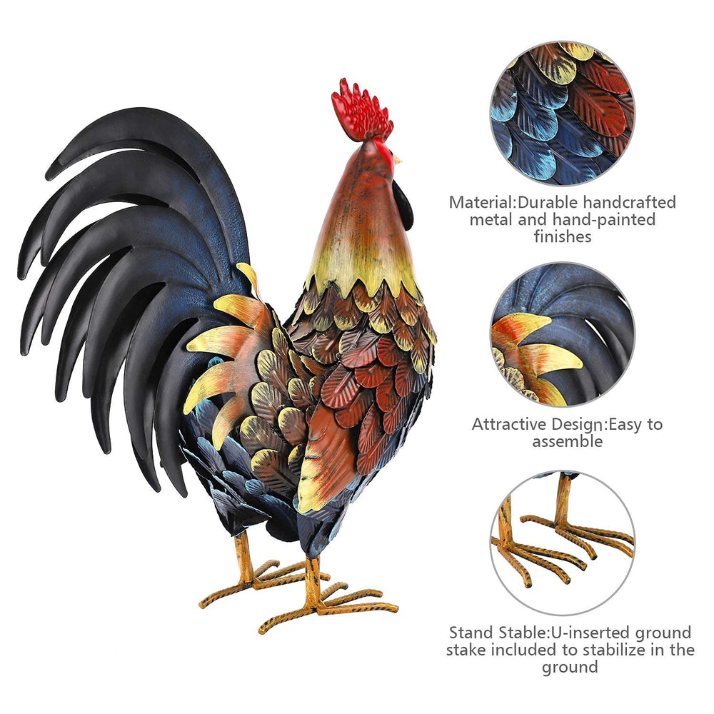 chisheen rooster placed in flower bed adding garden charm and color
