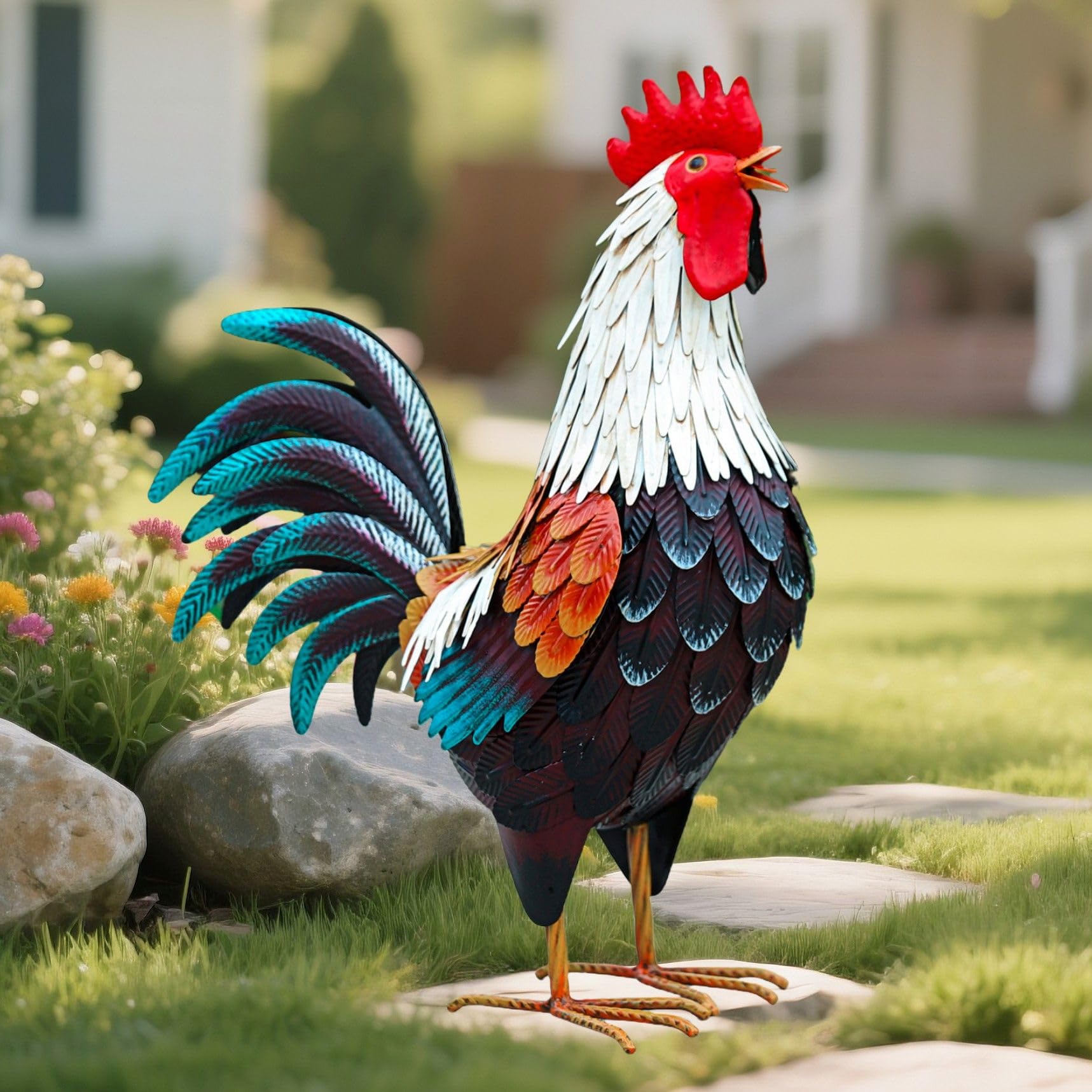 chisheen rooster staged on patio table enhancing outdoor entertaining area