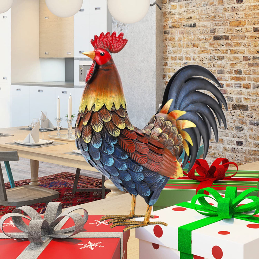 chisheen rooster next to chair showing actual size and scale comparison