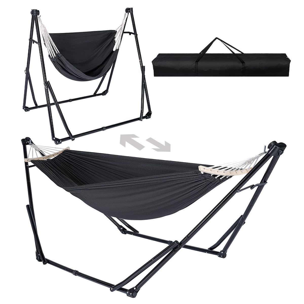 Chloraeon hammock chair front view showing compact stand and comfortable seat