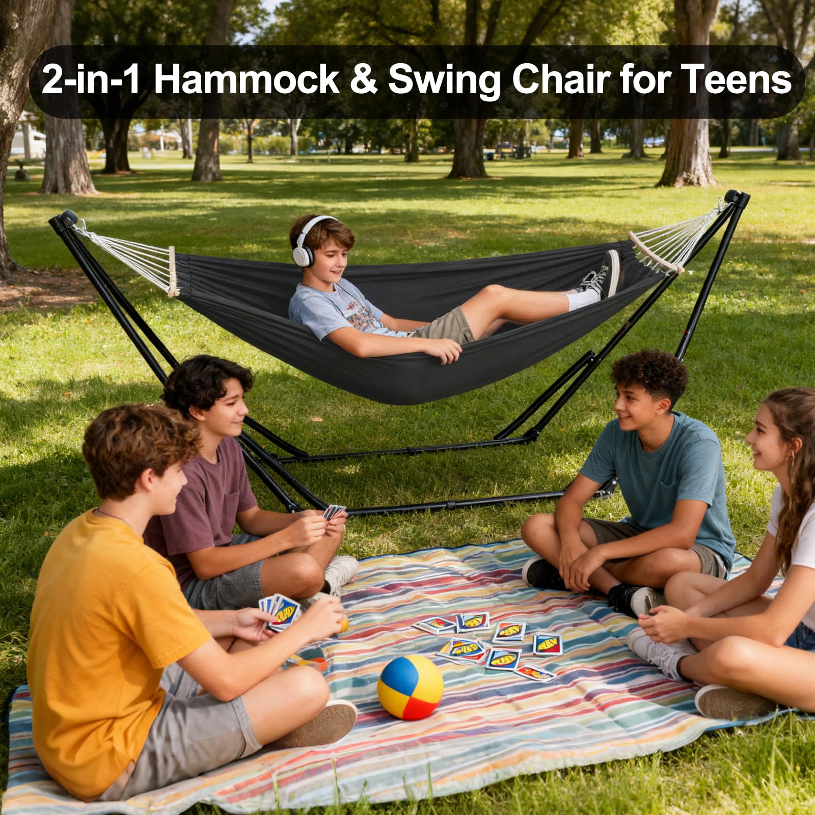 Chloraeon hammock chair next to person showing scale and generous capacity