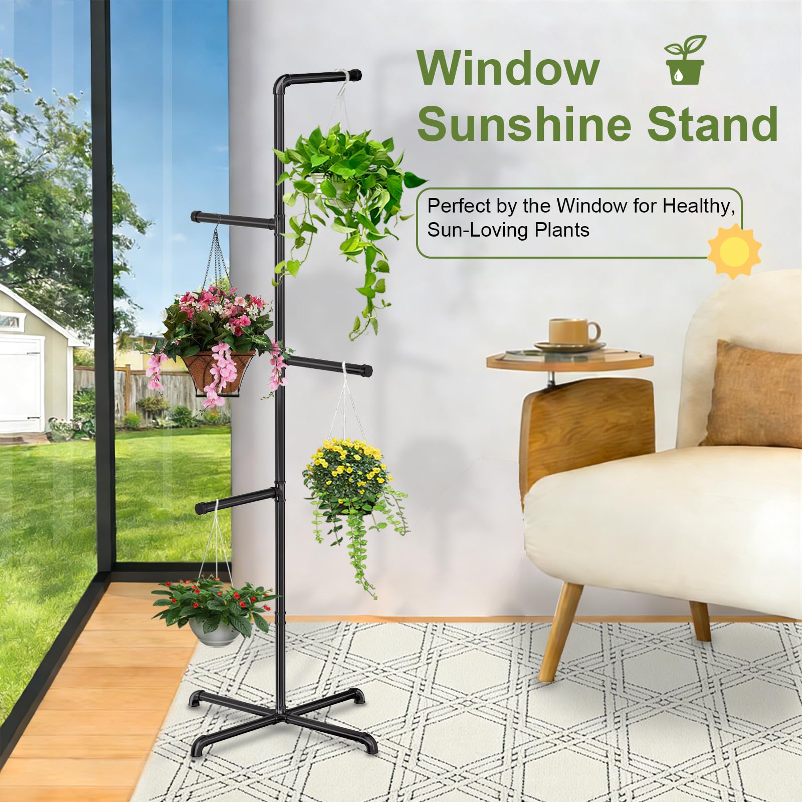 Chloraeon stand beside sofa showing 76-inch height for scale and visual impact