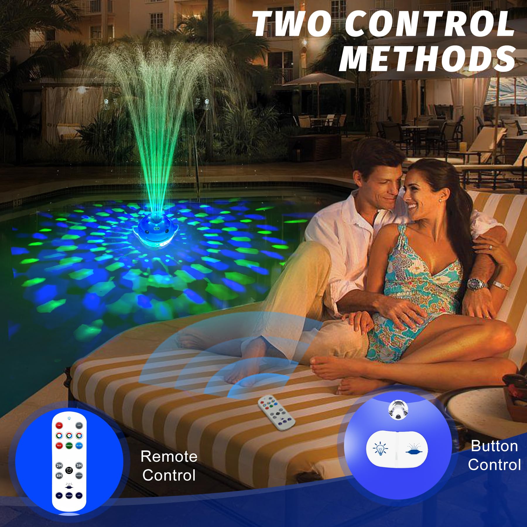 ChlorStar fountain lit at night creating ambient pool lighting and mood