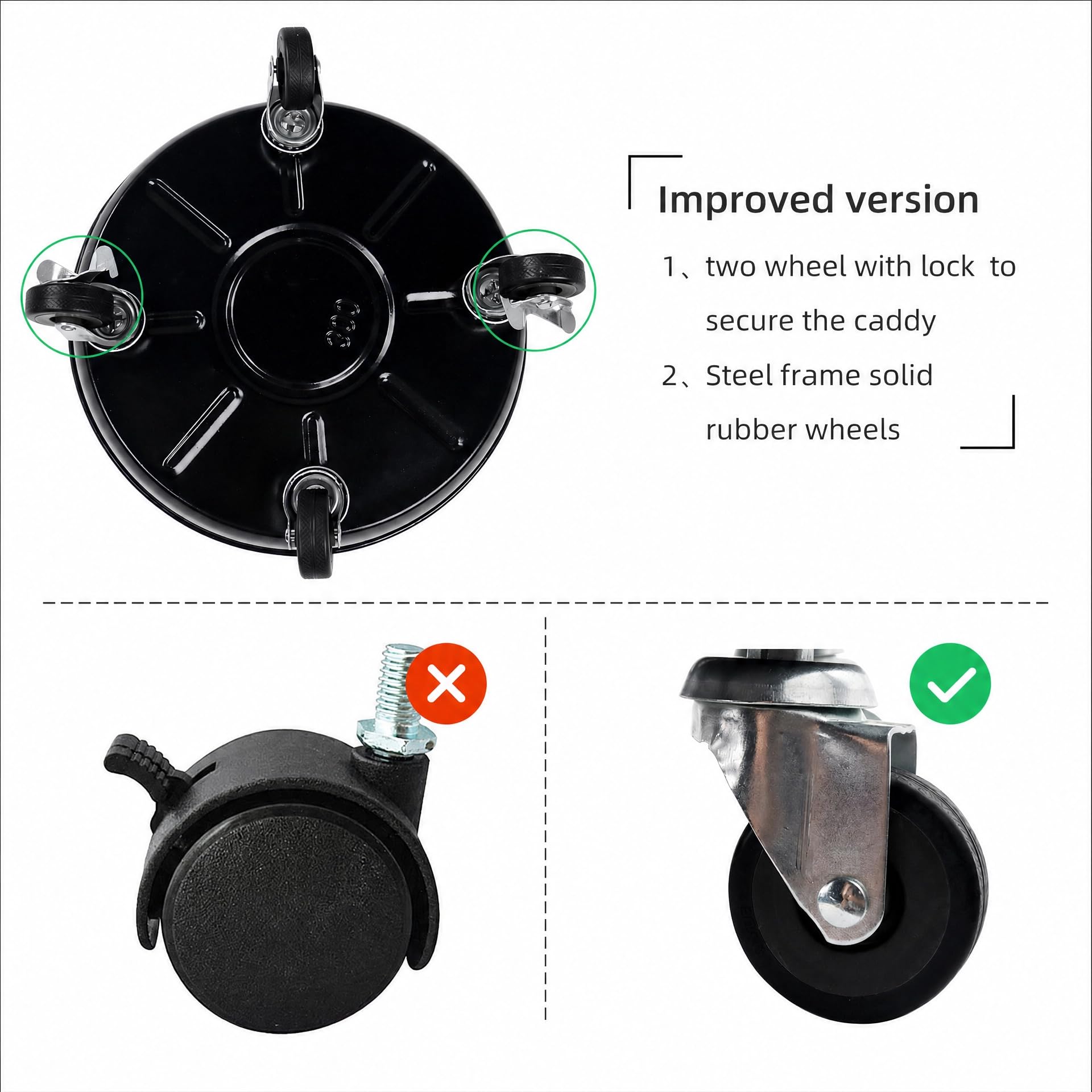 Choclaif wheel close-up showing solid rubber caster for quiet, durable movement