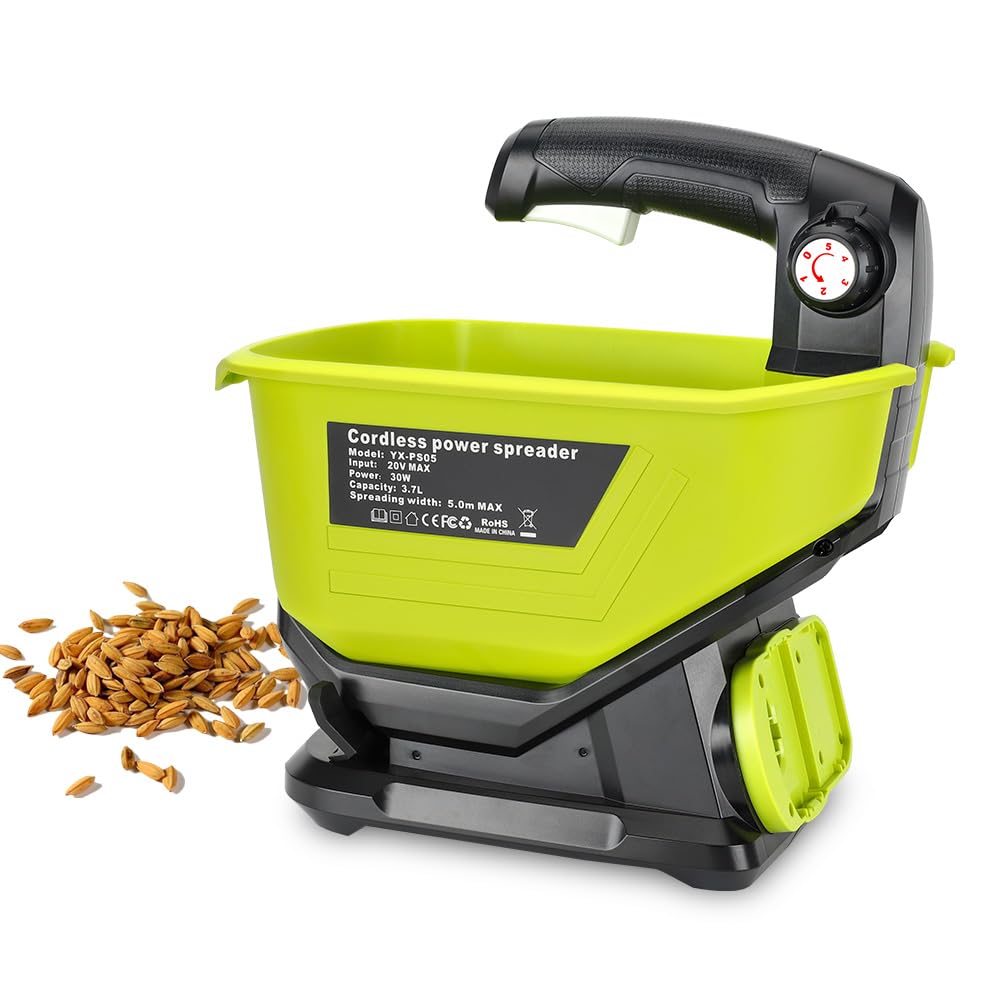 Choerinton front view showing compact spreader and Ryobi battery slot for easy cordless use