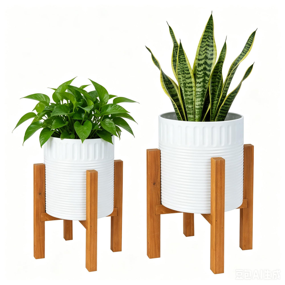 Chonsun front view showing two white metal planters and wooden stand for stylish display