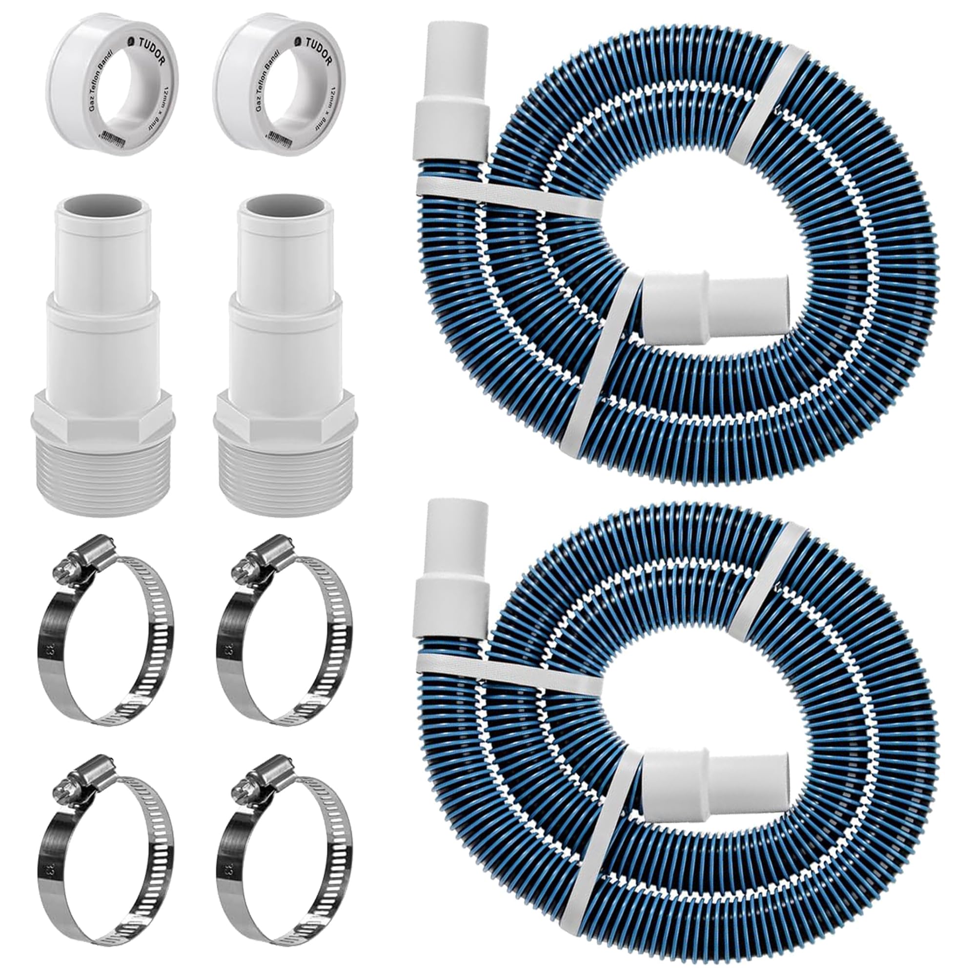 CHOOHC front view of 1.5" pool hose kit shows complete contents and quick install benefit
