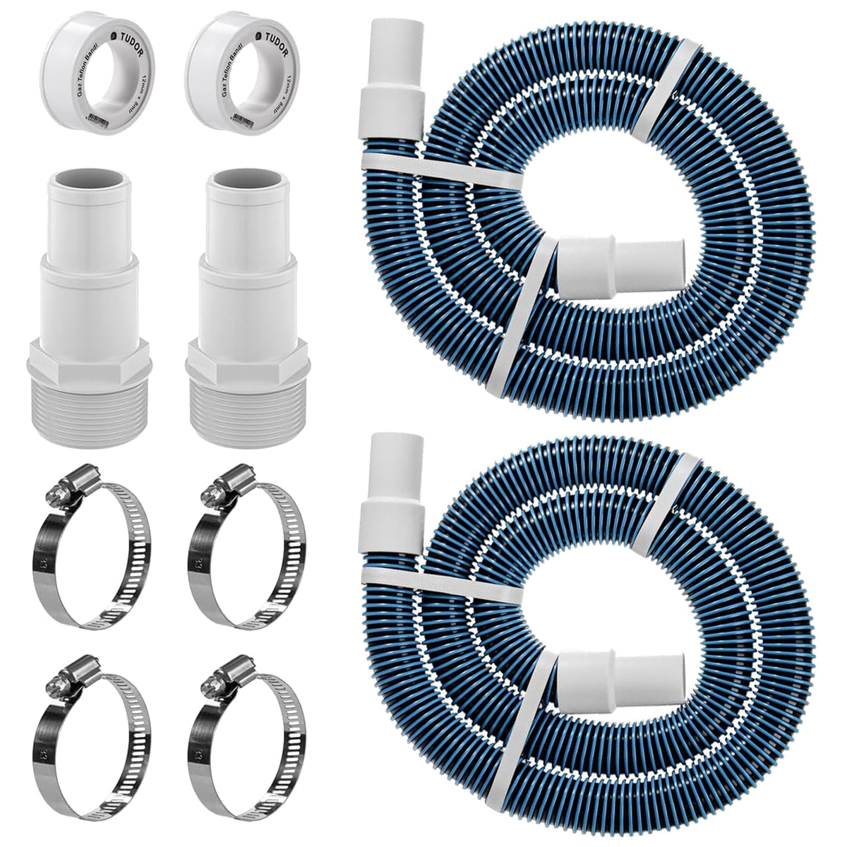 CHOOHC front view of 1.5" pool hose kit shows complete contents and quick install benefit