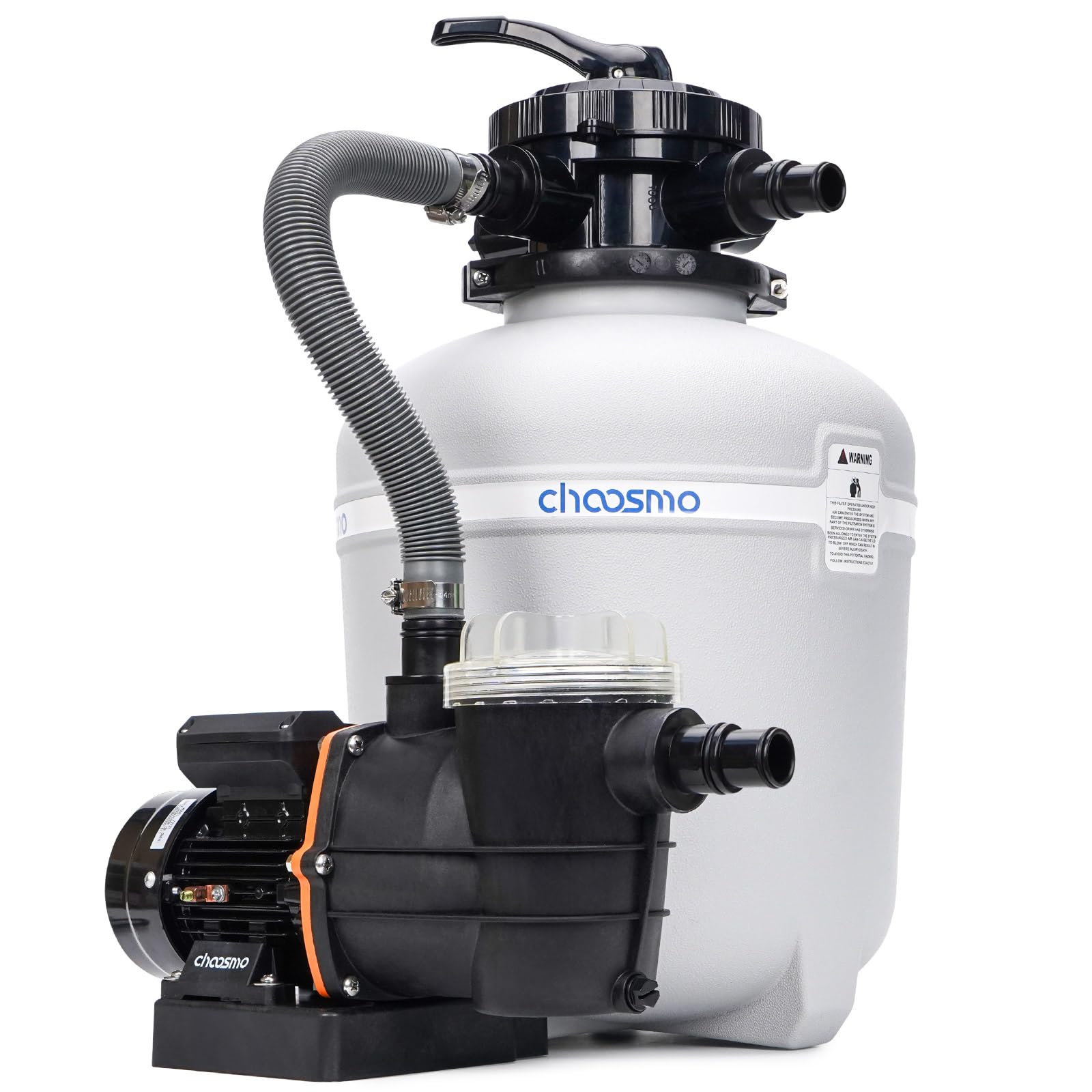 choosmo assembled pump and 16-inch sand filter, shows compact matched system benefit