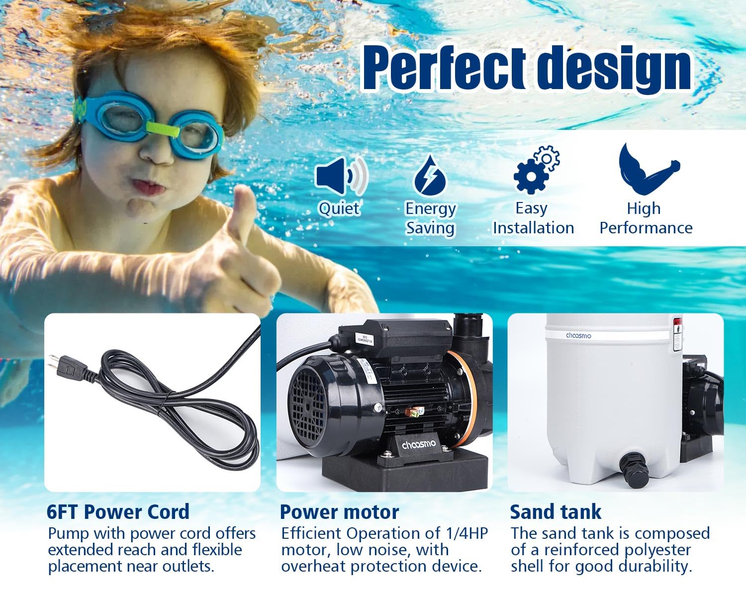 choosmo sand tank label detail illustrating 30 lb capacity and specs