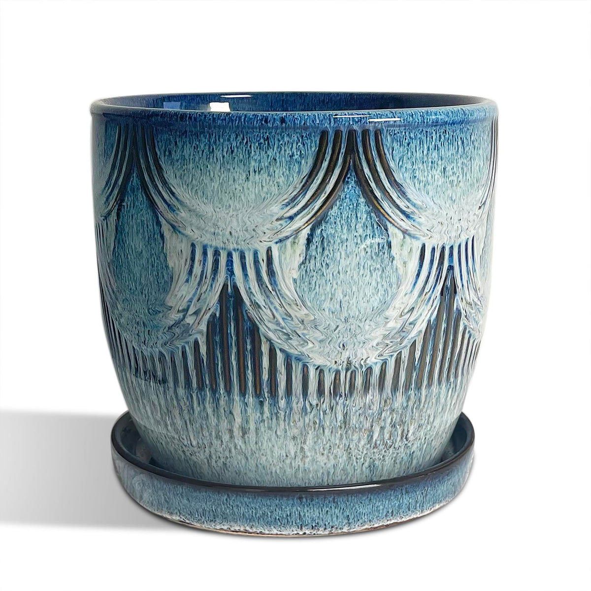 Chralji GIFTWARE front view of blue ceramic pot shows elegant finish and stable base