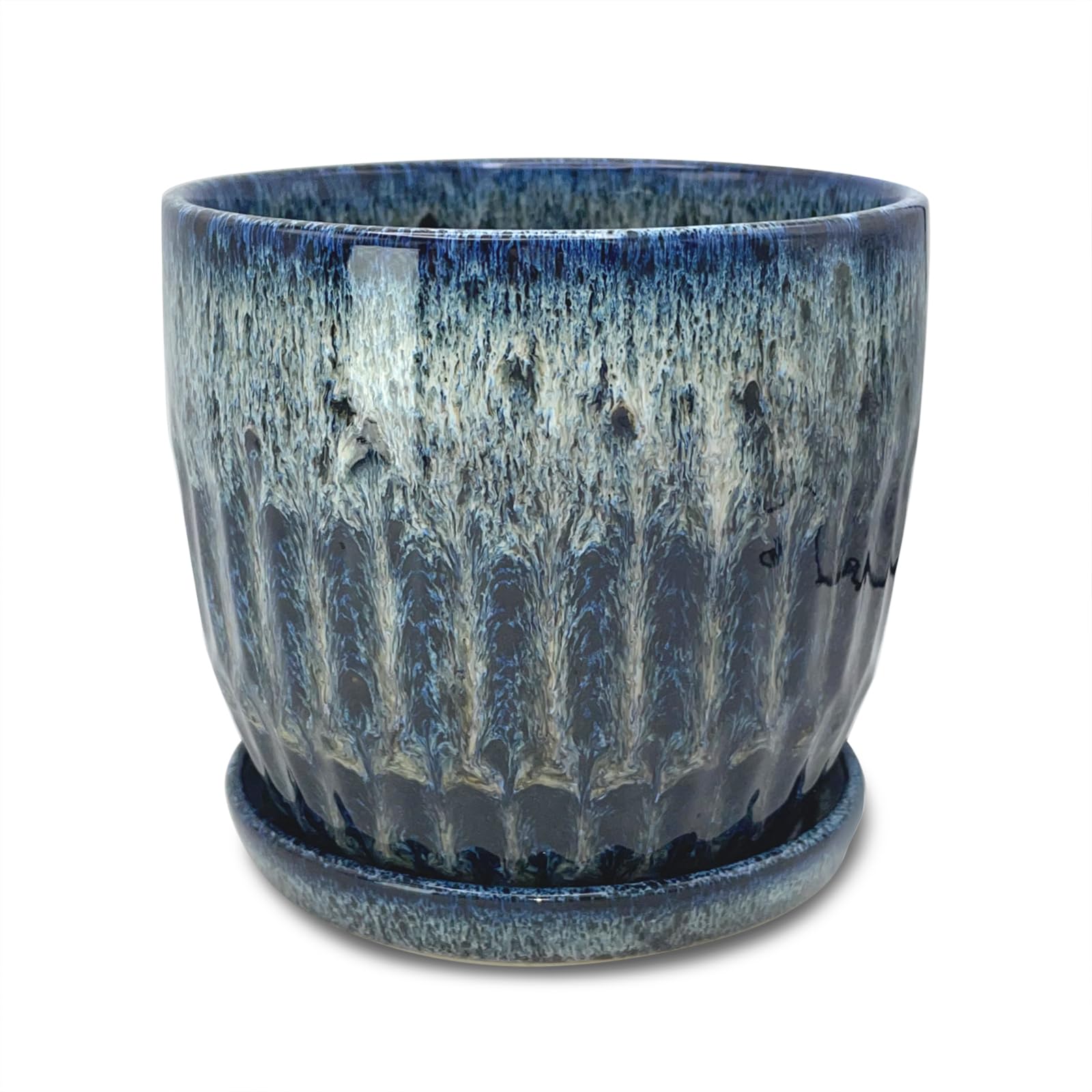 Chralji GIFTWARE front view of reactive glaze blue planter, stylish display