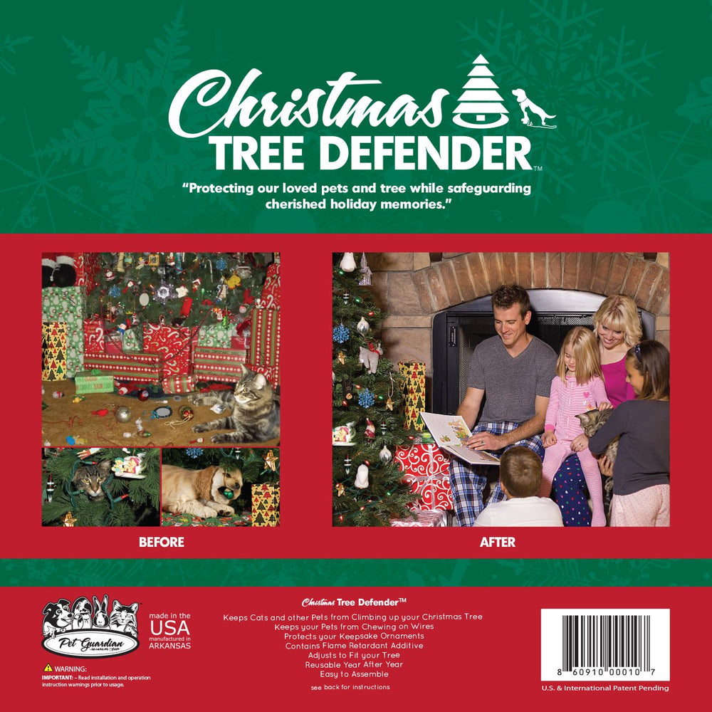 Christmas Tree Defender installed inside a lit tree protecting ornaments benefit protection
