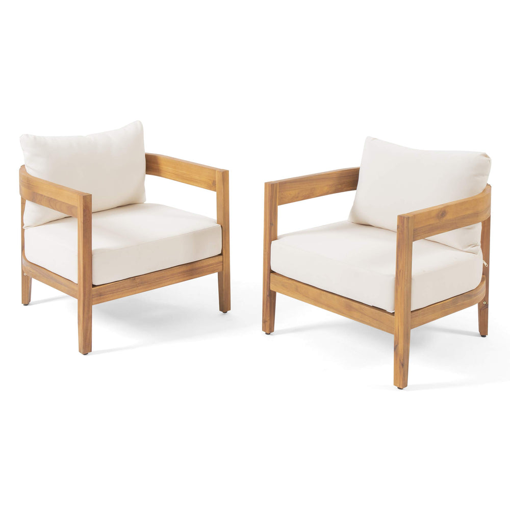 Christopher Knight Home front view of two chairs showing teak finish and beige cushions for elegant outdoor seating