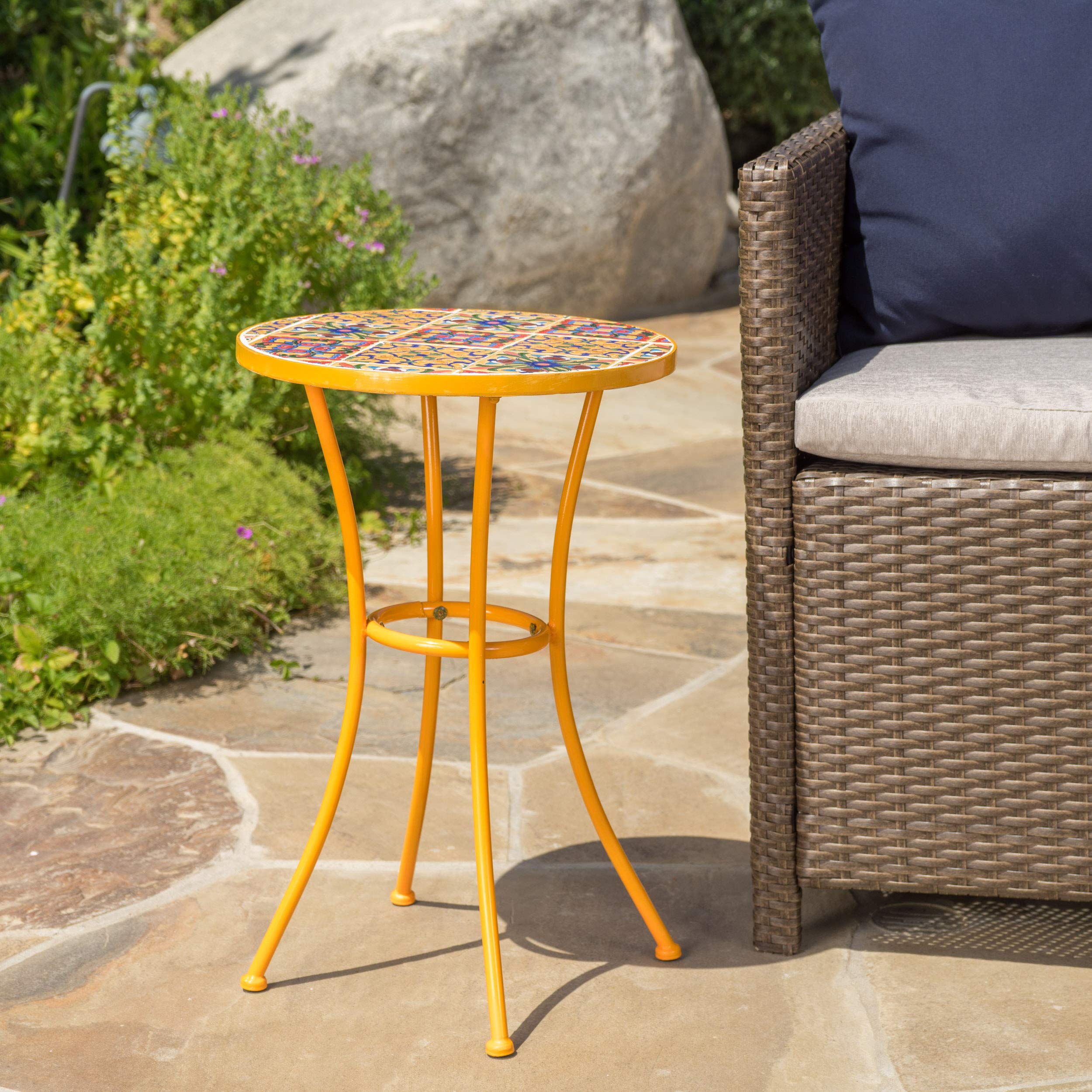 Christopher Knight Home close-up of floral ceramic tile top revealing bright yellow accents and easy-clean surface