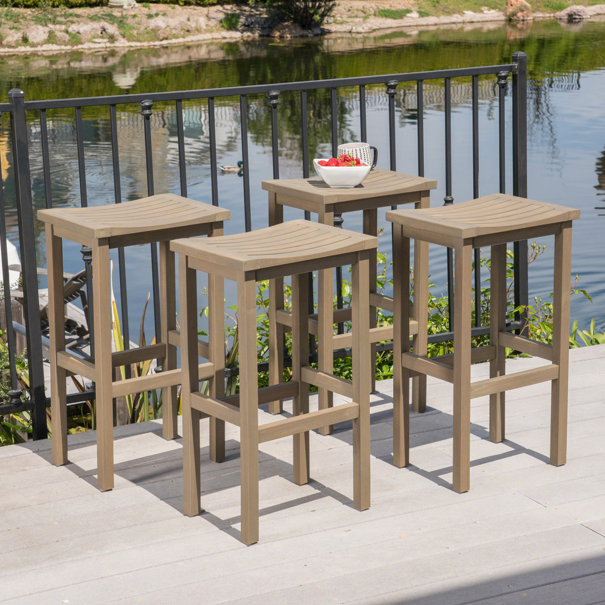 Christopher Knight Home front view of grey acacia barstool showing silhouette and finish benefit