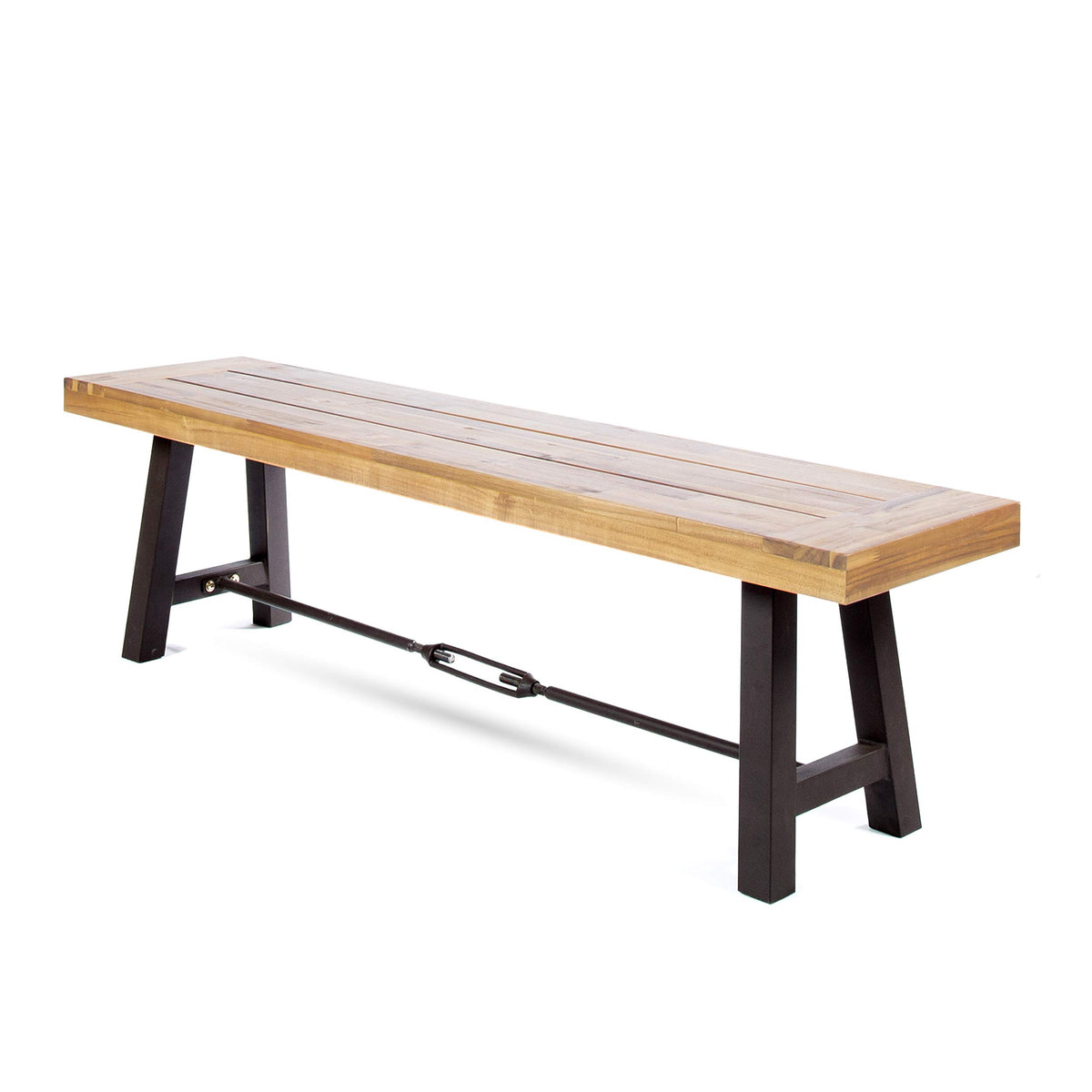 Christopher Knight Home front view bench showing acacia top and rustic metal accents, durable seating