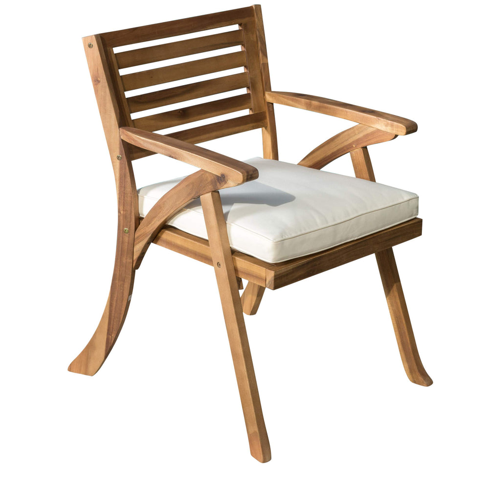 Christopher Knight Home front view of two acacia arm chairs showing teak finish and cream cushions for stylish seating