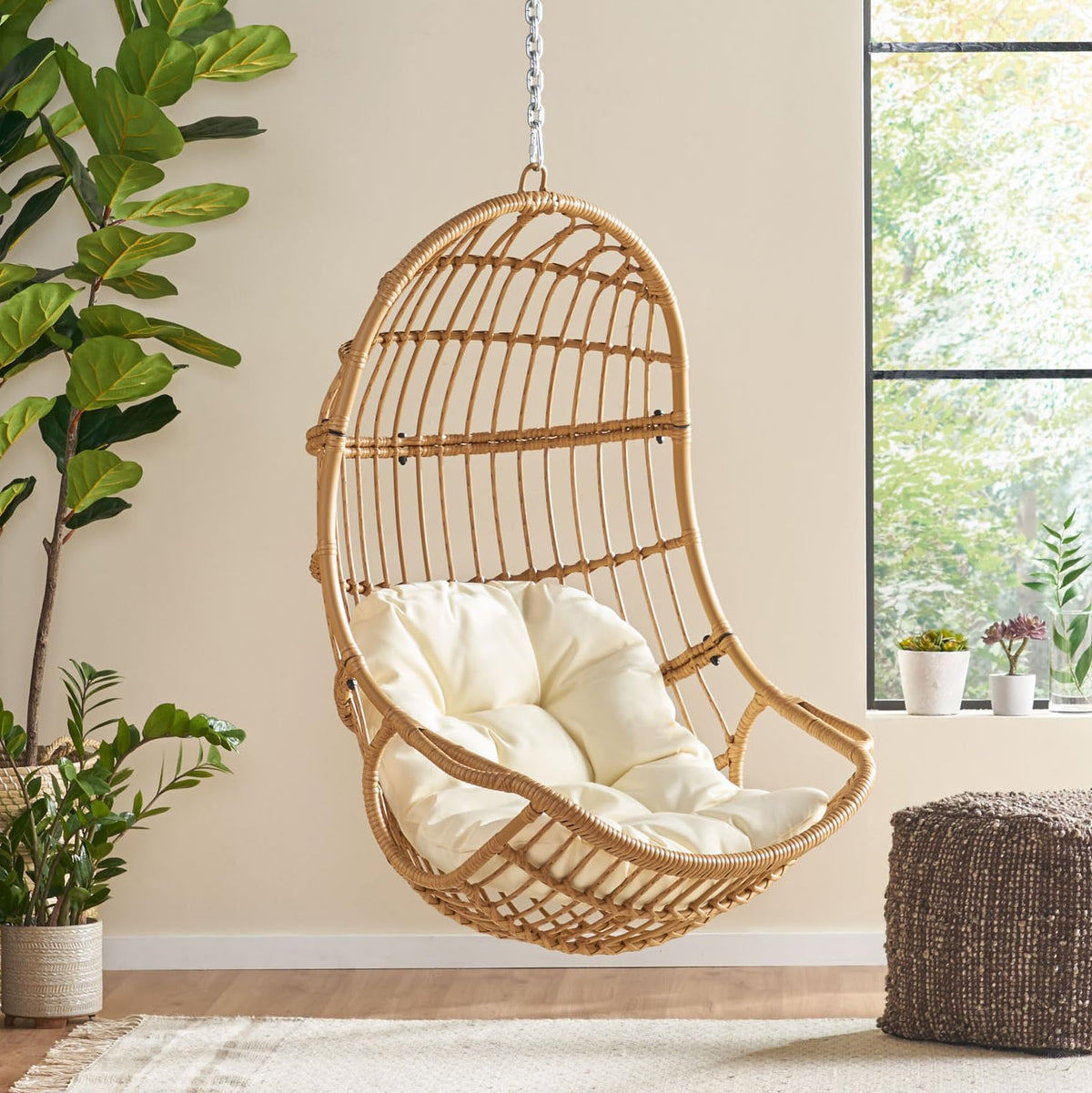 Christopher Knight Home hanging chair front view showing comfortable seat and modern boho style