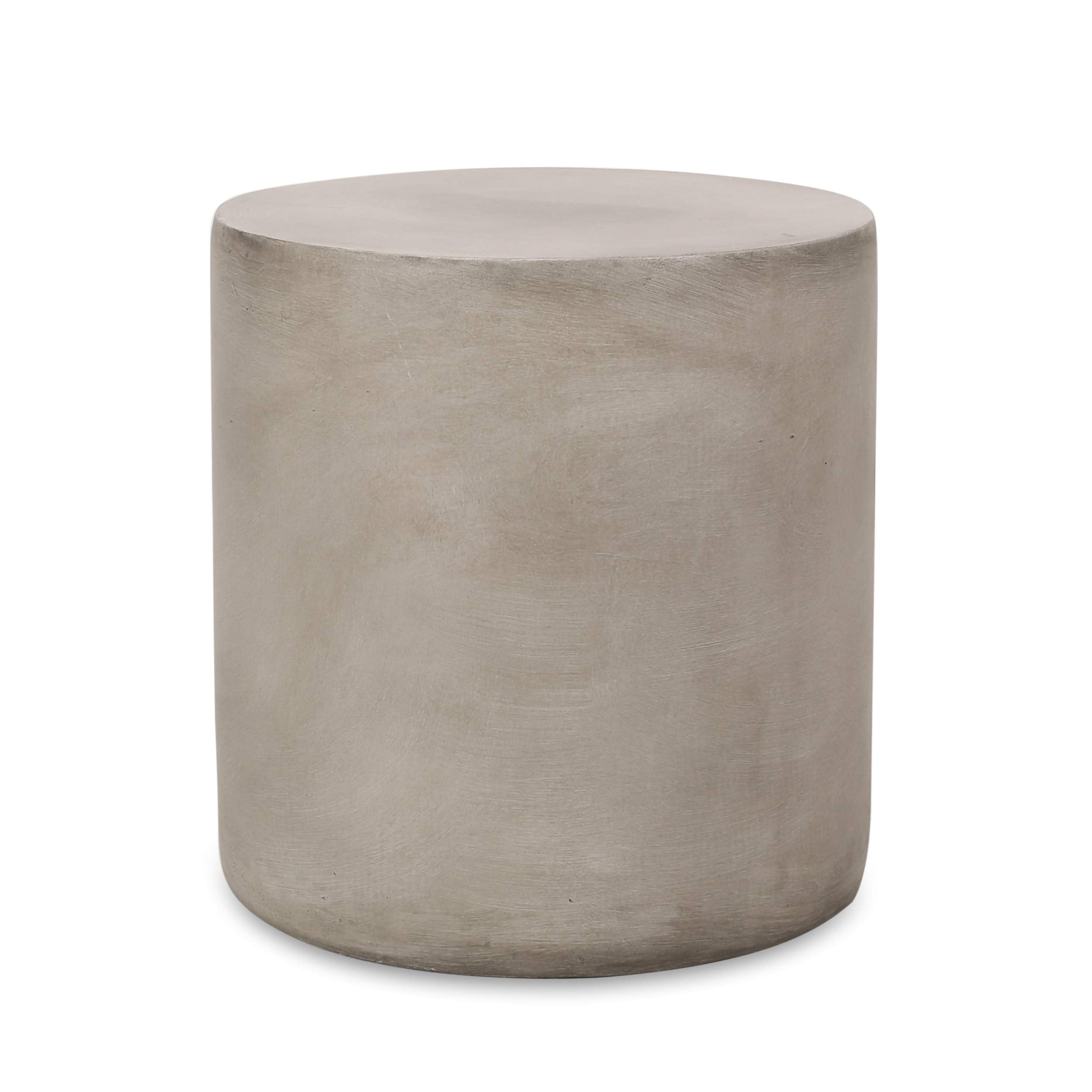 Christopher Knight Home front view of light gray side table showing modern cylindrical shape and stability