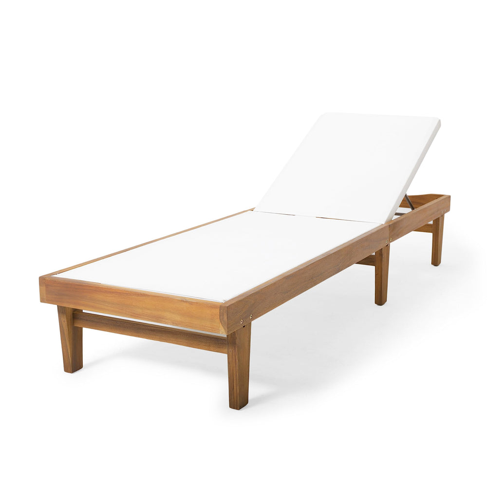 Christopher Knight Home front view of chaise lounge showing teak finish and white mesh offering stylish outdoor comfort