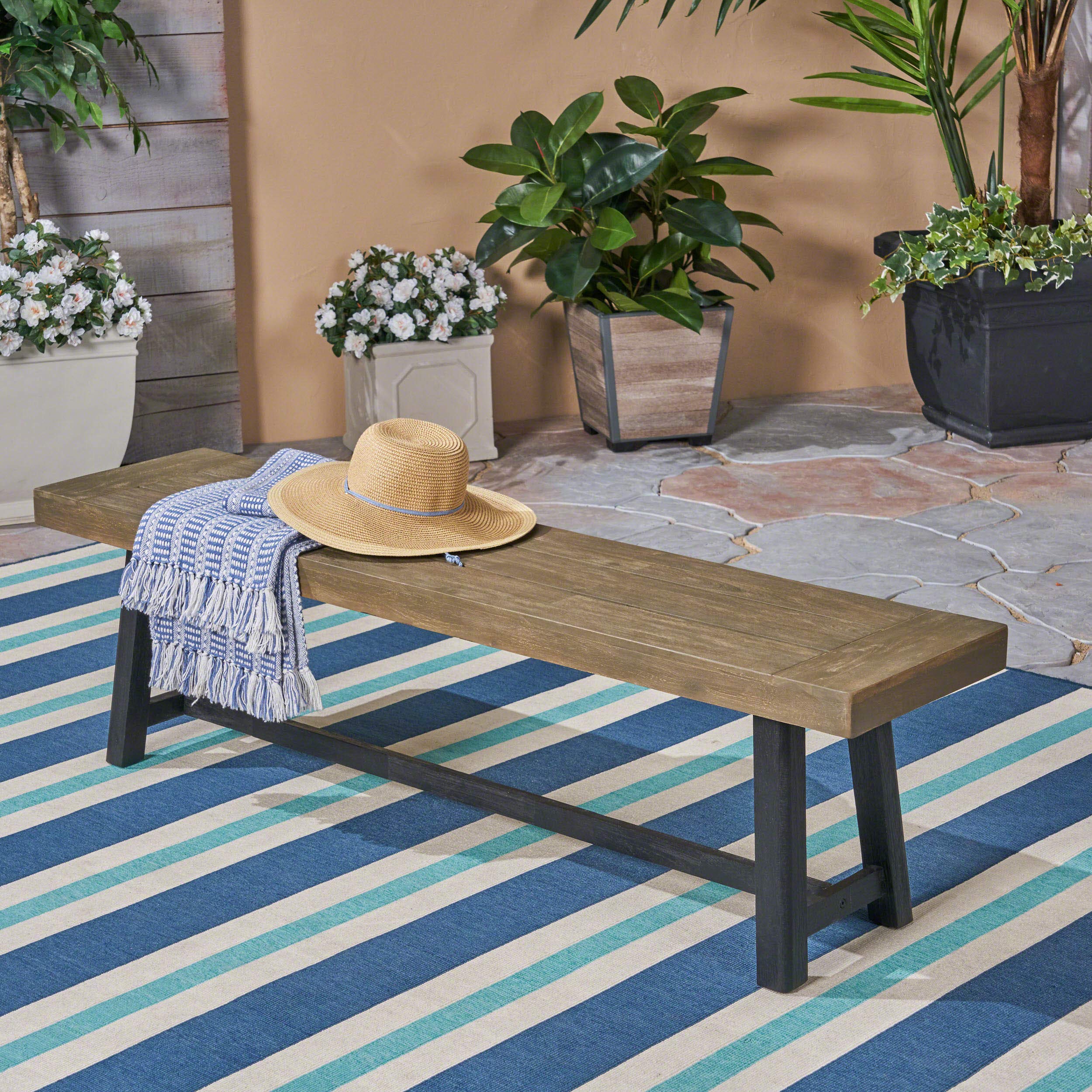 Christopher Knight Home bench side profile highlighting slim depth and sturdy acacia construction for compact spaces