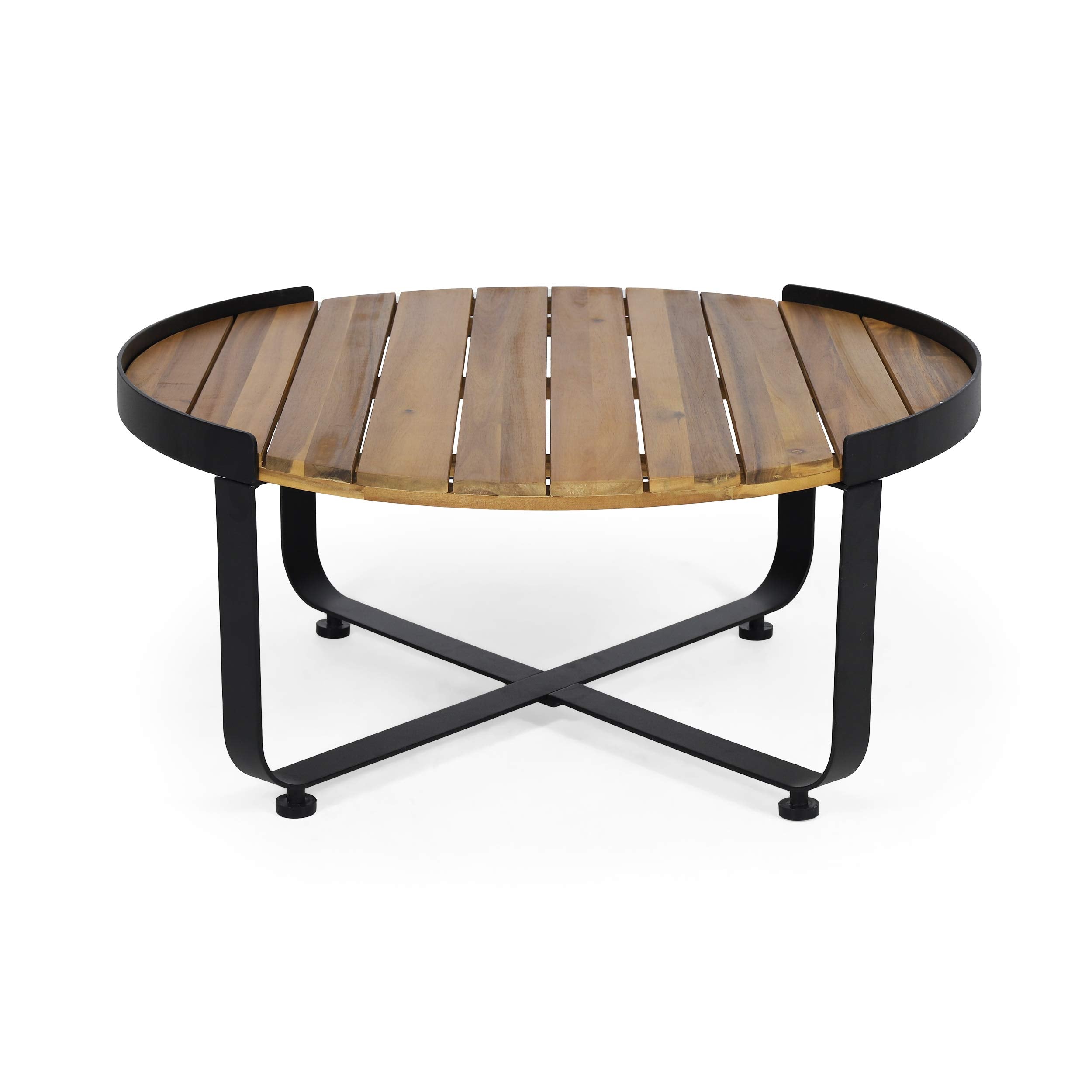Christopher Knight Home front view showing square teak-finish top and black frame, durable centerpiece