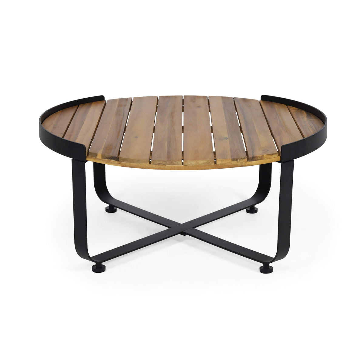 Christopher Knight Home front view showing square teak-finish top and black frame, durable centerpiece
