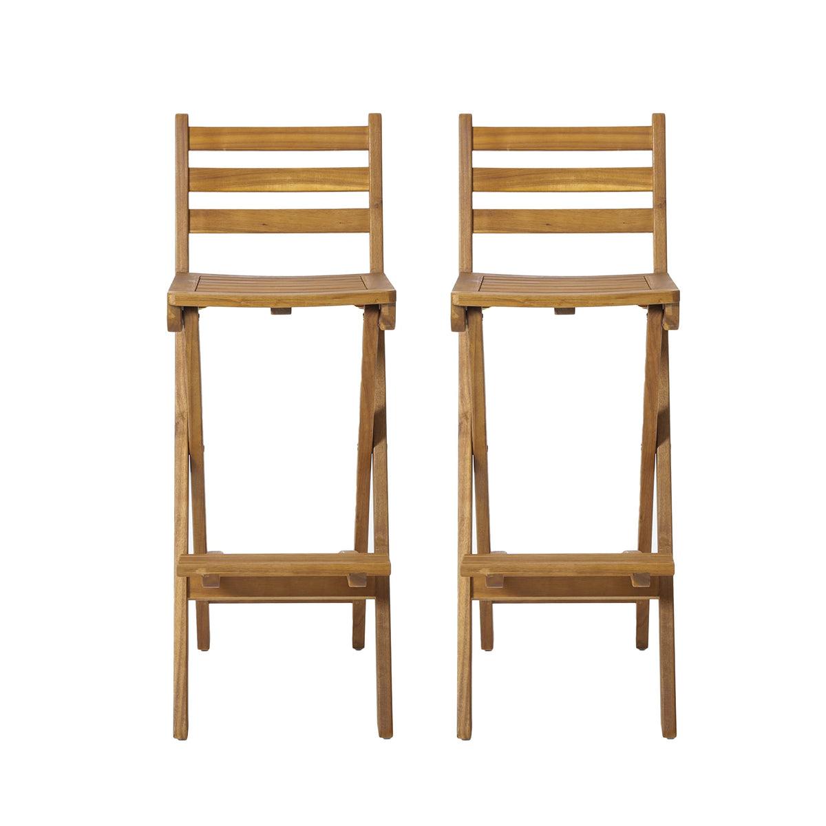Christopher Knight Home front view of two natural wood barstools showing clean silhouette and benefit of instant seating