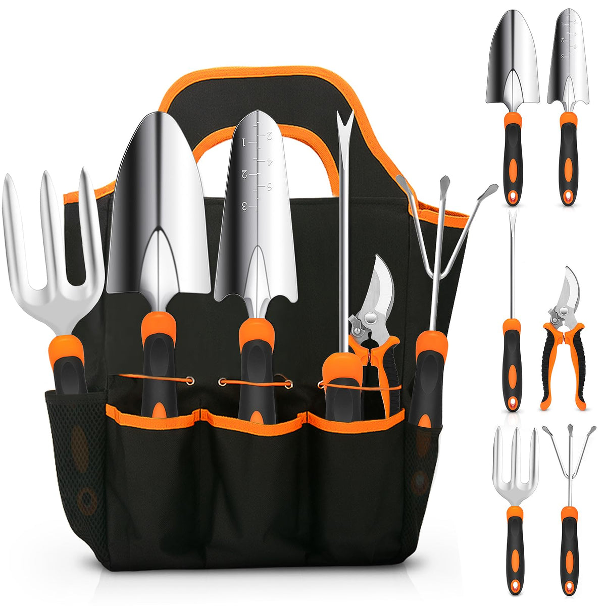 CHRYZTAL garden kit front view showing all seven tools and tote, organized for convenience