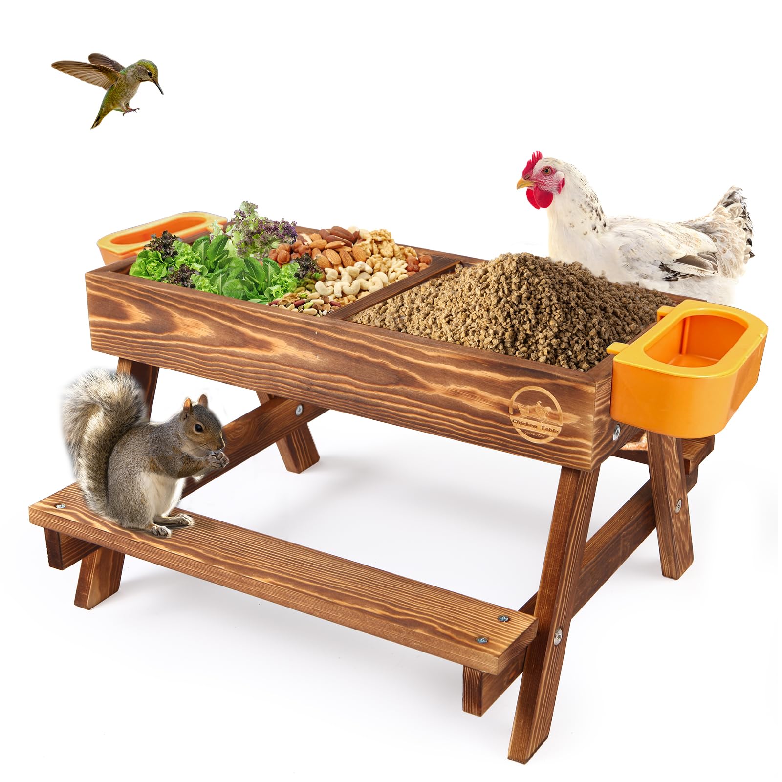 CHTSJQW front view of assembled chicken picnic table showing durable wood and supports benefiting outdoor feeding
