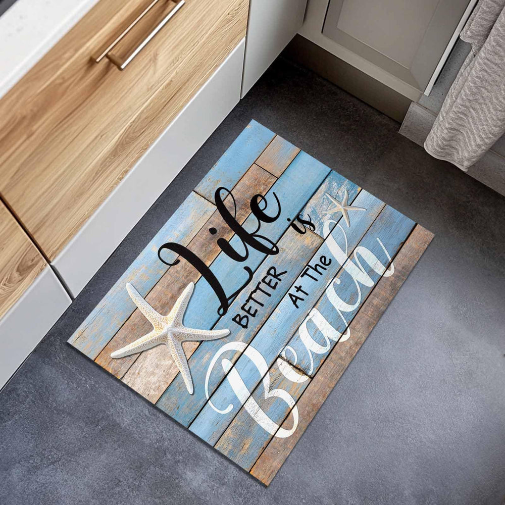 Chucoco mat placed in bathroom demonstrating water absorption
