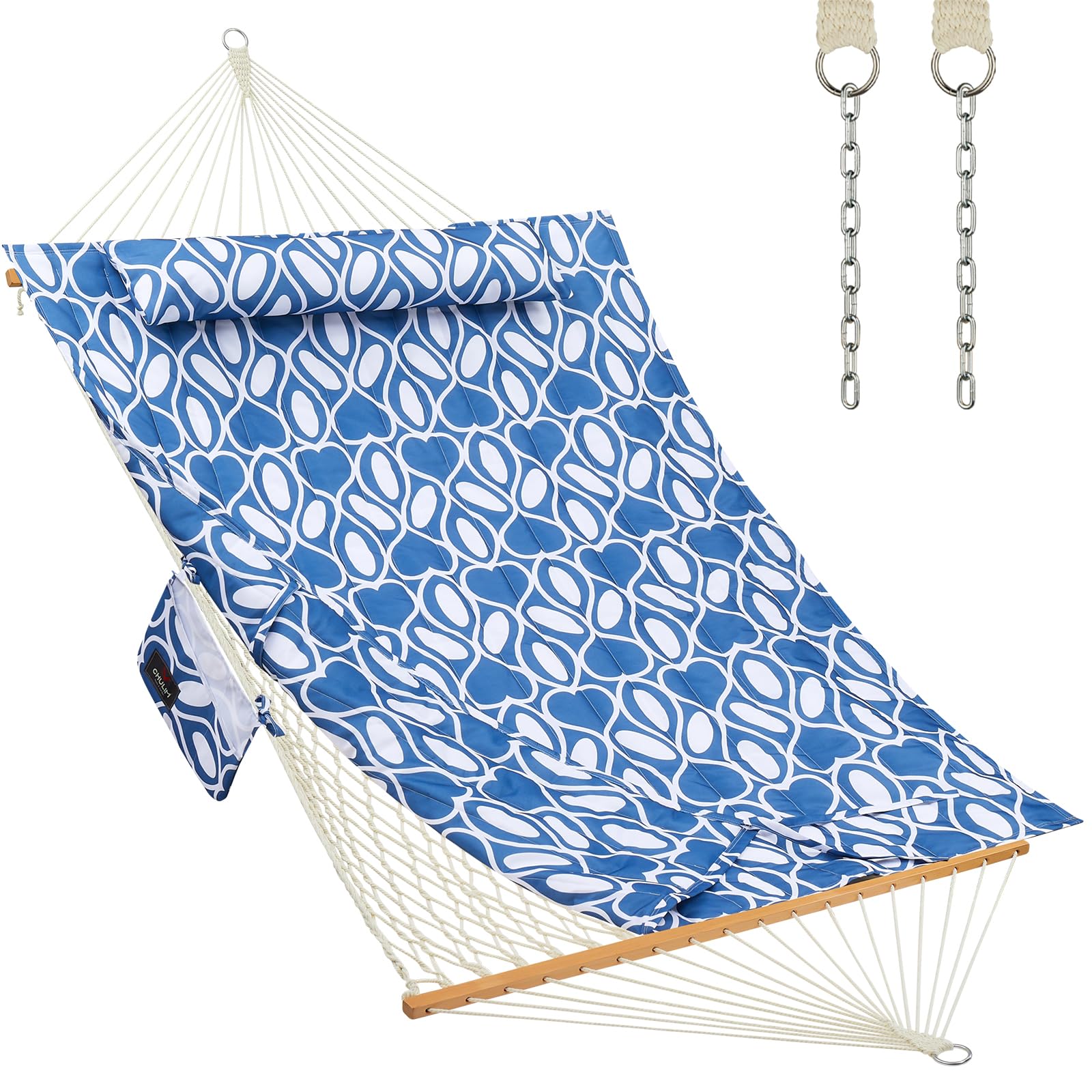 CHULIM front view of blue hammock showing full spreader bars and pad, comfortable seating