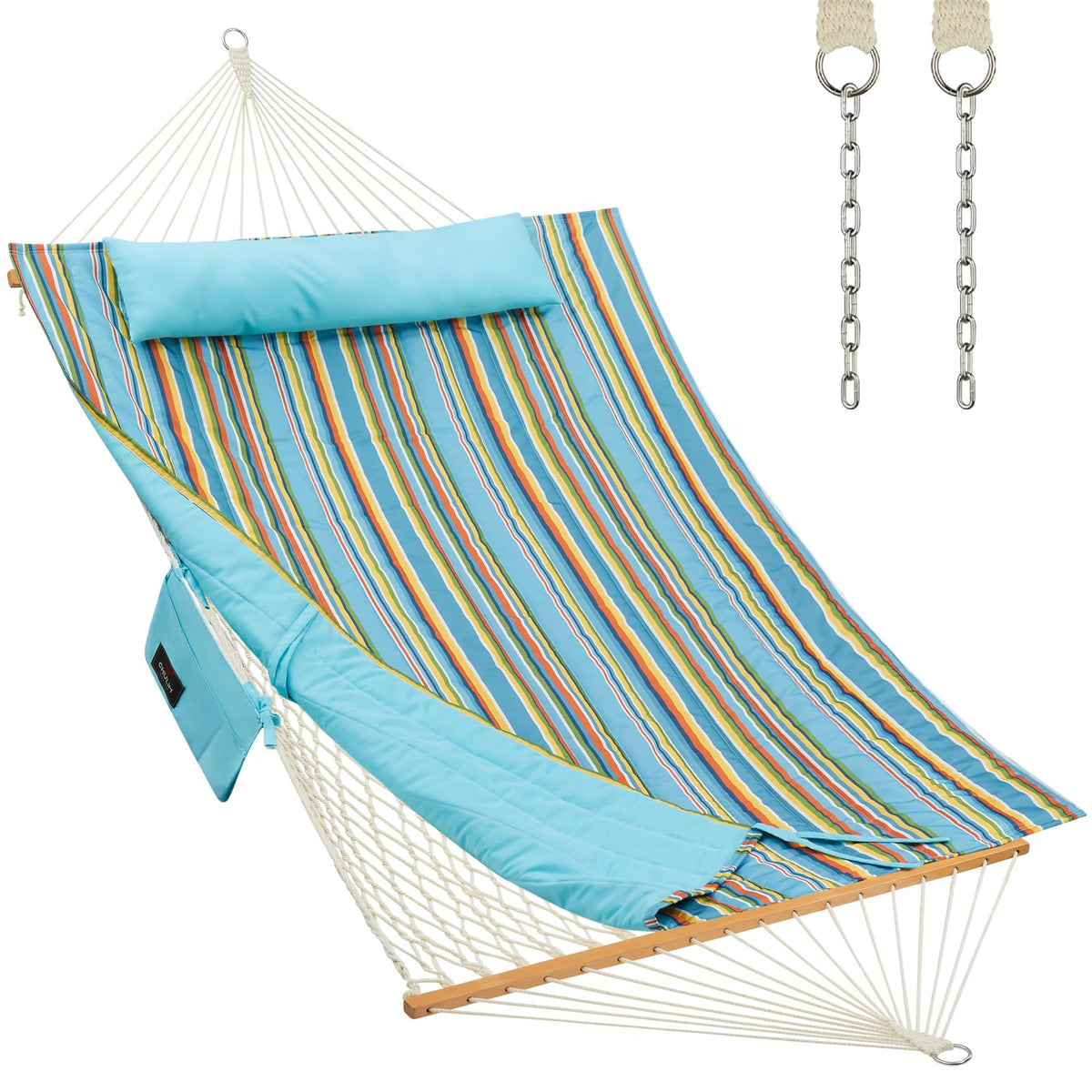 CHULIM front view of blue stripe hammock showing full two-person comfort