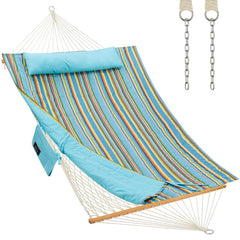 CHULIM front view of blue stripe hammock showing full two-person comfort