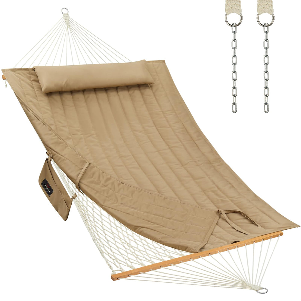 CHULIM front view tan hammock showing full spreader bars and pad benefit comfort