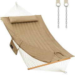 CHULIM front view tan hammock showing full spreader bars and pad benefit comfort