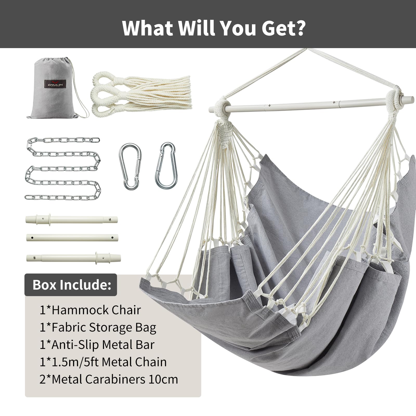CHULIM hardware kit showing chain and snap hooks for easy installation