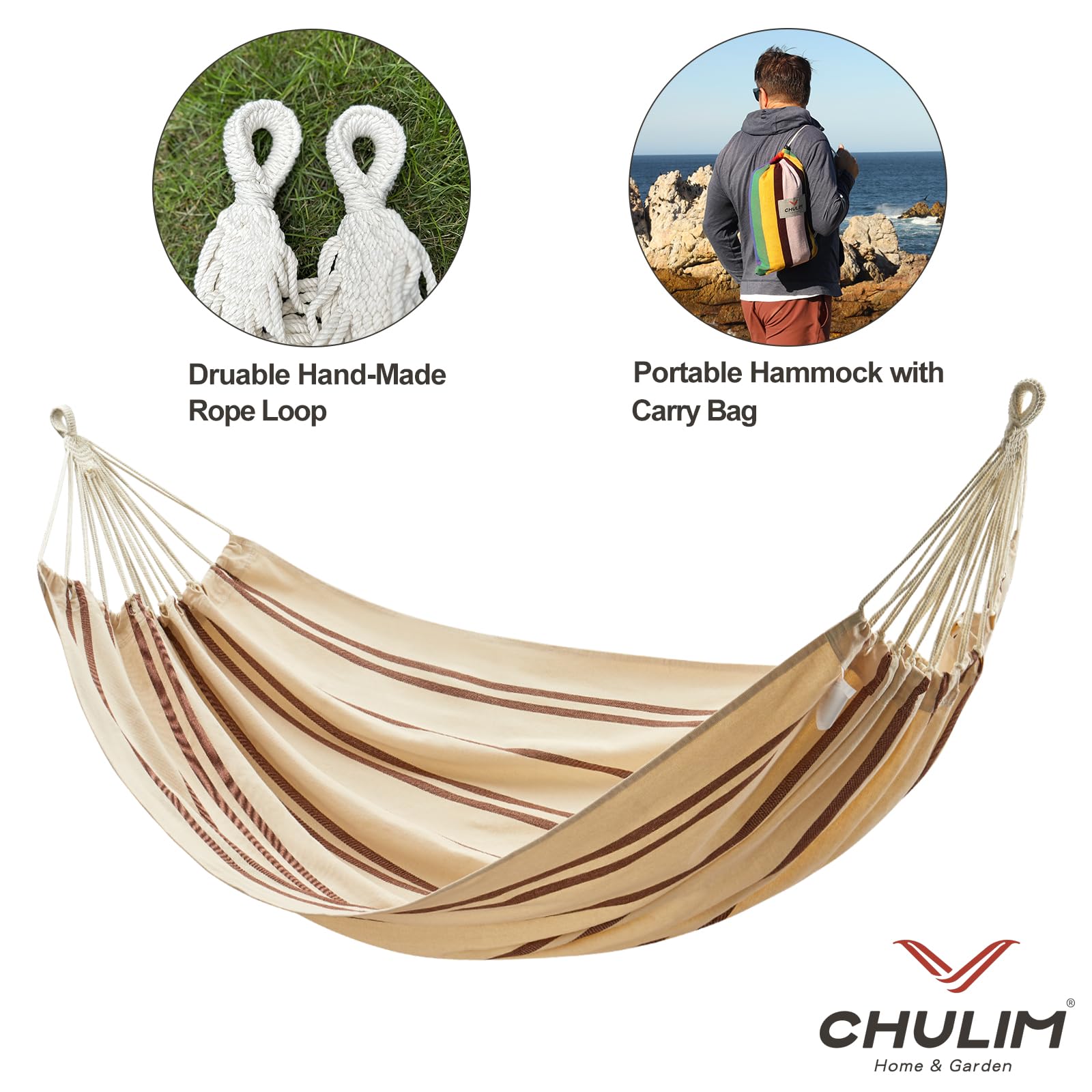 CHULIM hammock with person showing scale and roomy two-person benefit
