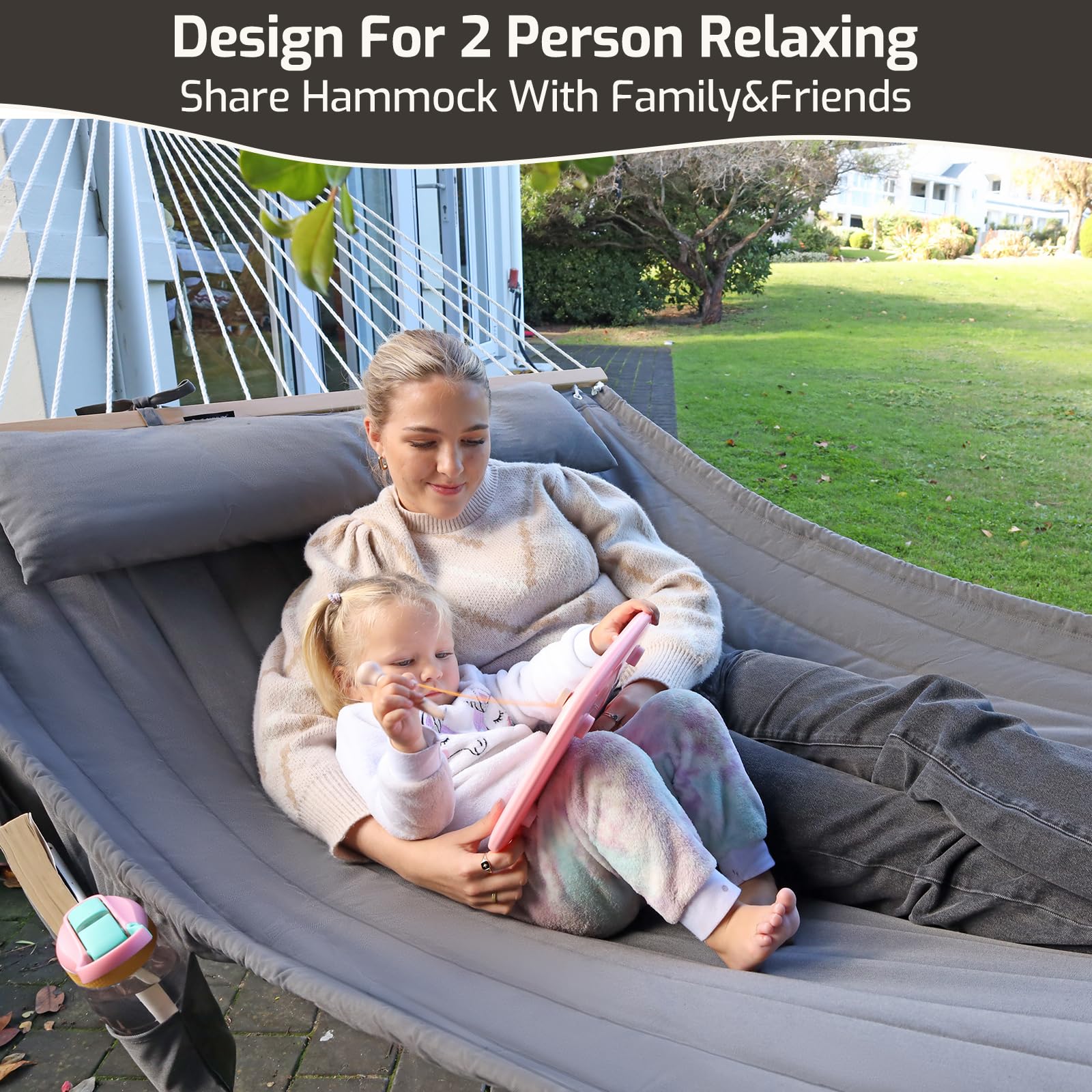 CHULIM hammock with person for size comparison showing generous space and 450 lb support