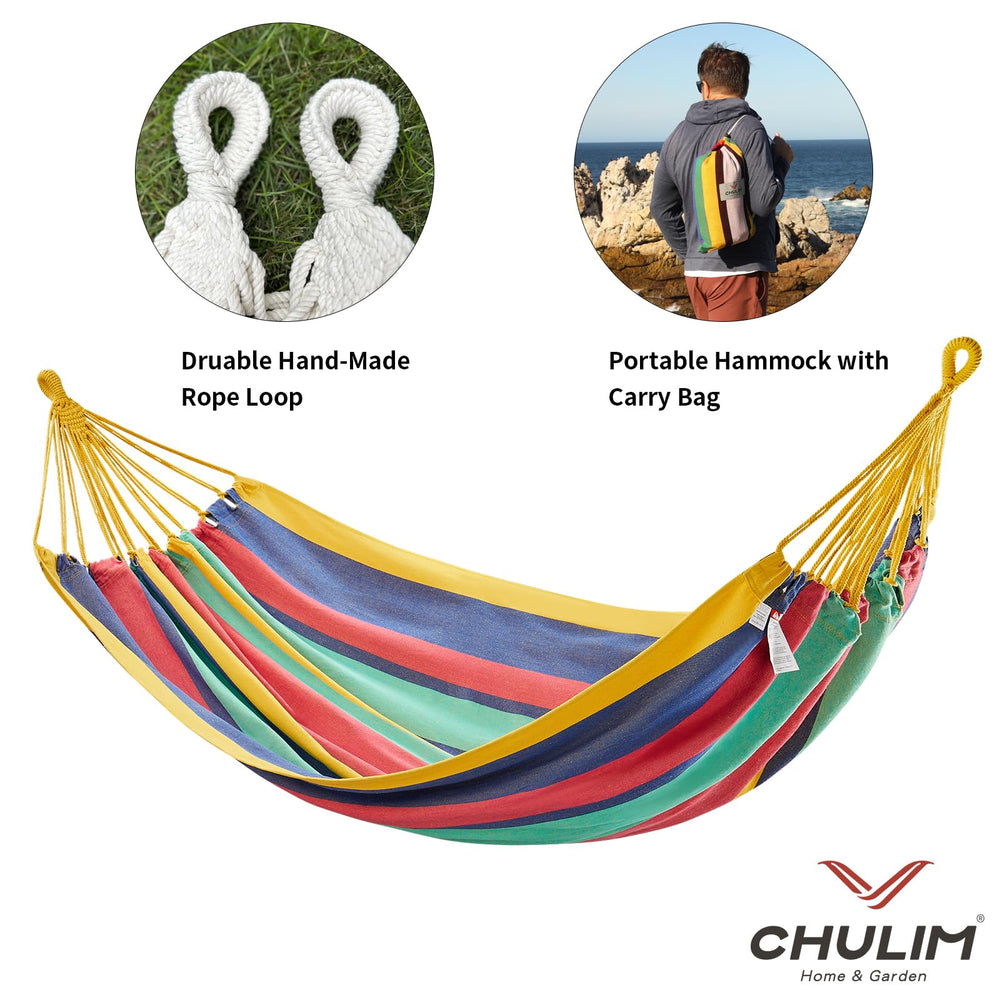CHULIM hammock next to stand for scale, illustrates fit and overall length
