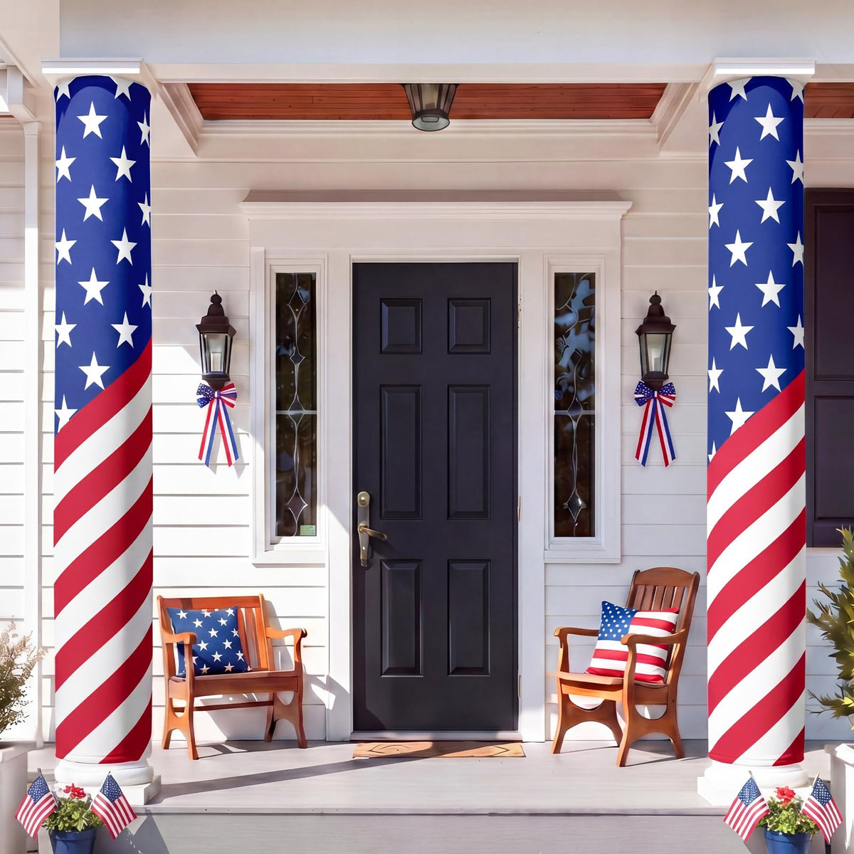 Chumia front view of American flag column wrap showing bold stars and stripes and curb appeal