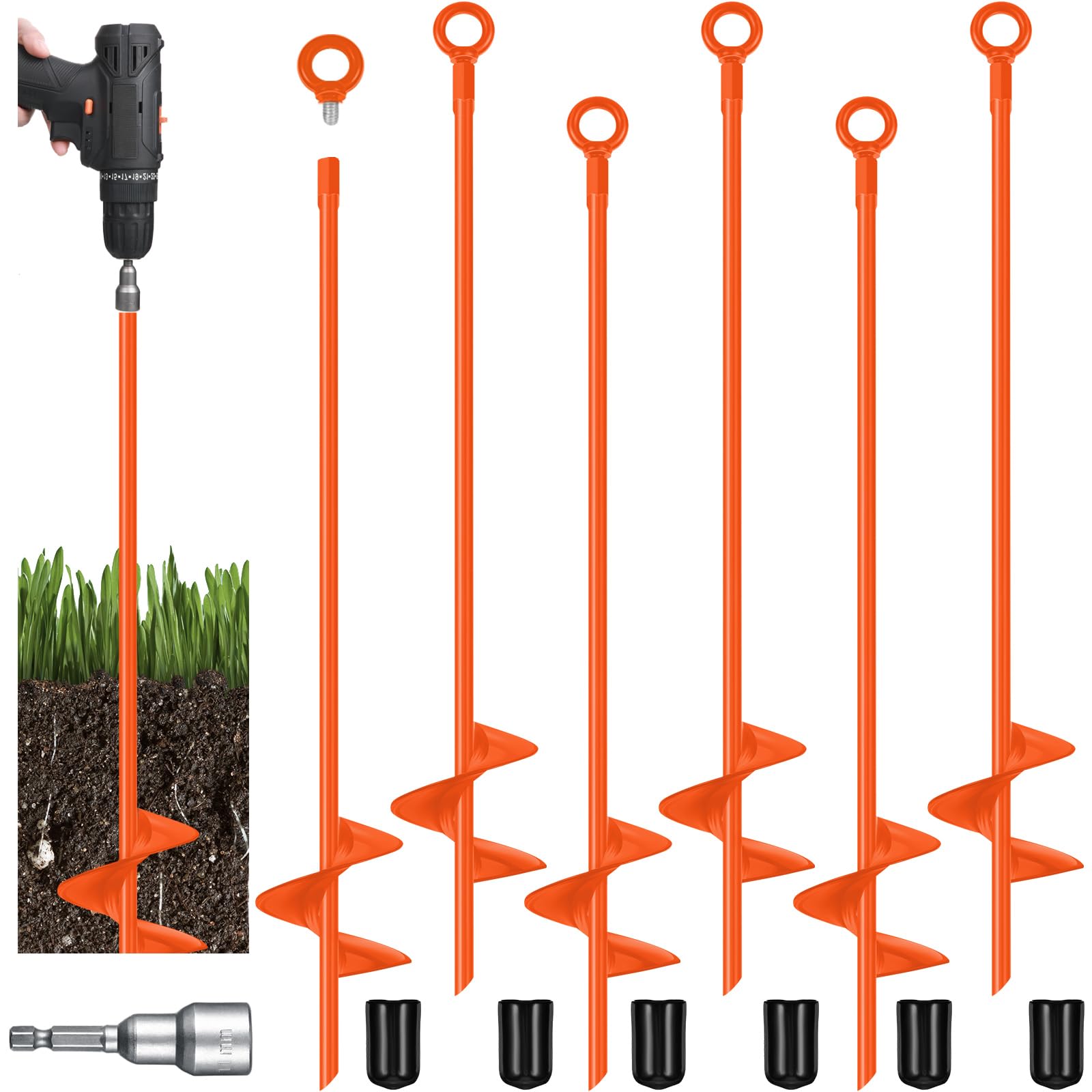 Chumia front view of six orange ground anchors showing kit and visibility benefit