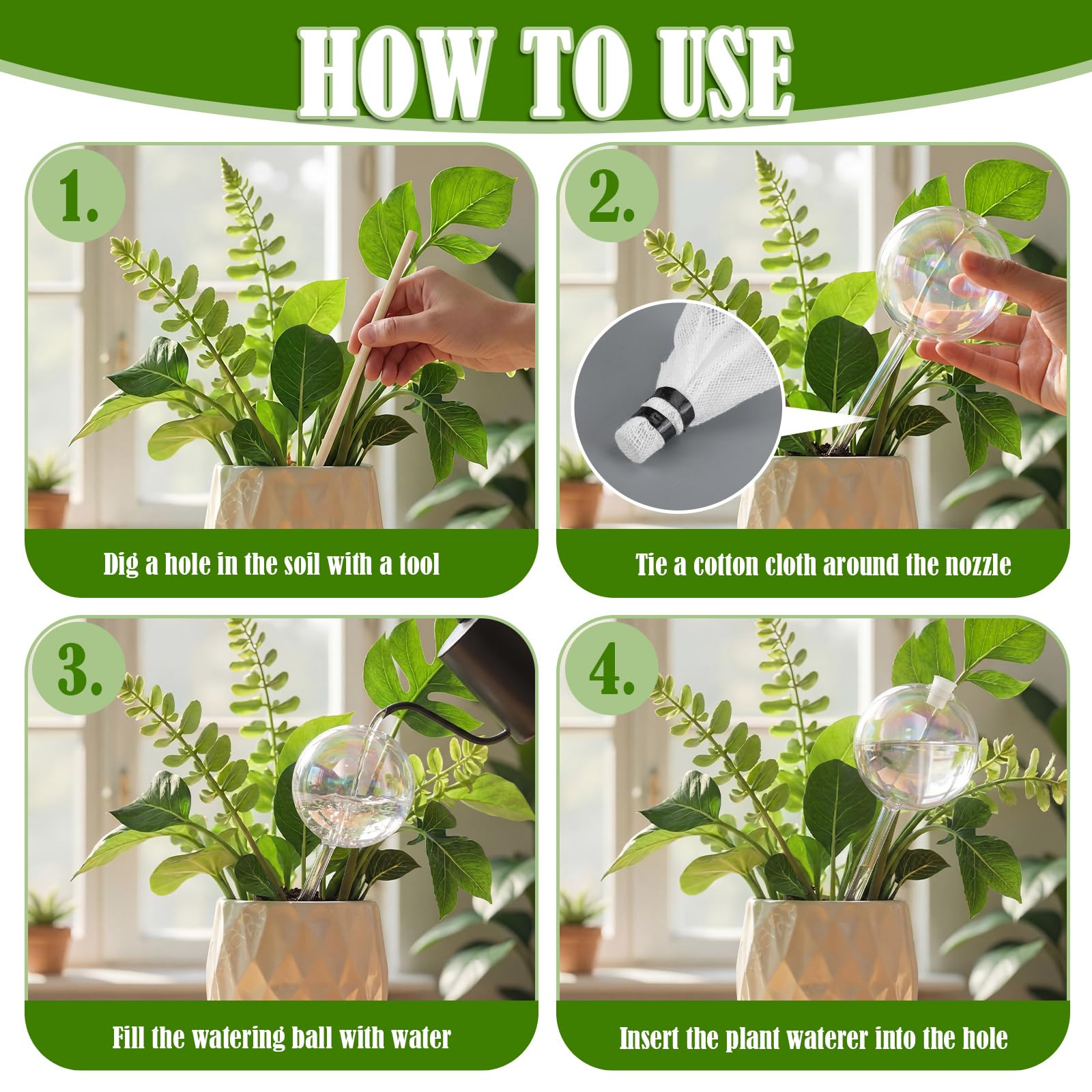 Chumia globe placed in a potted plant demonstrating hands-free watering benefit