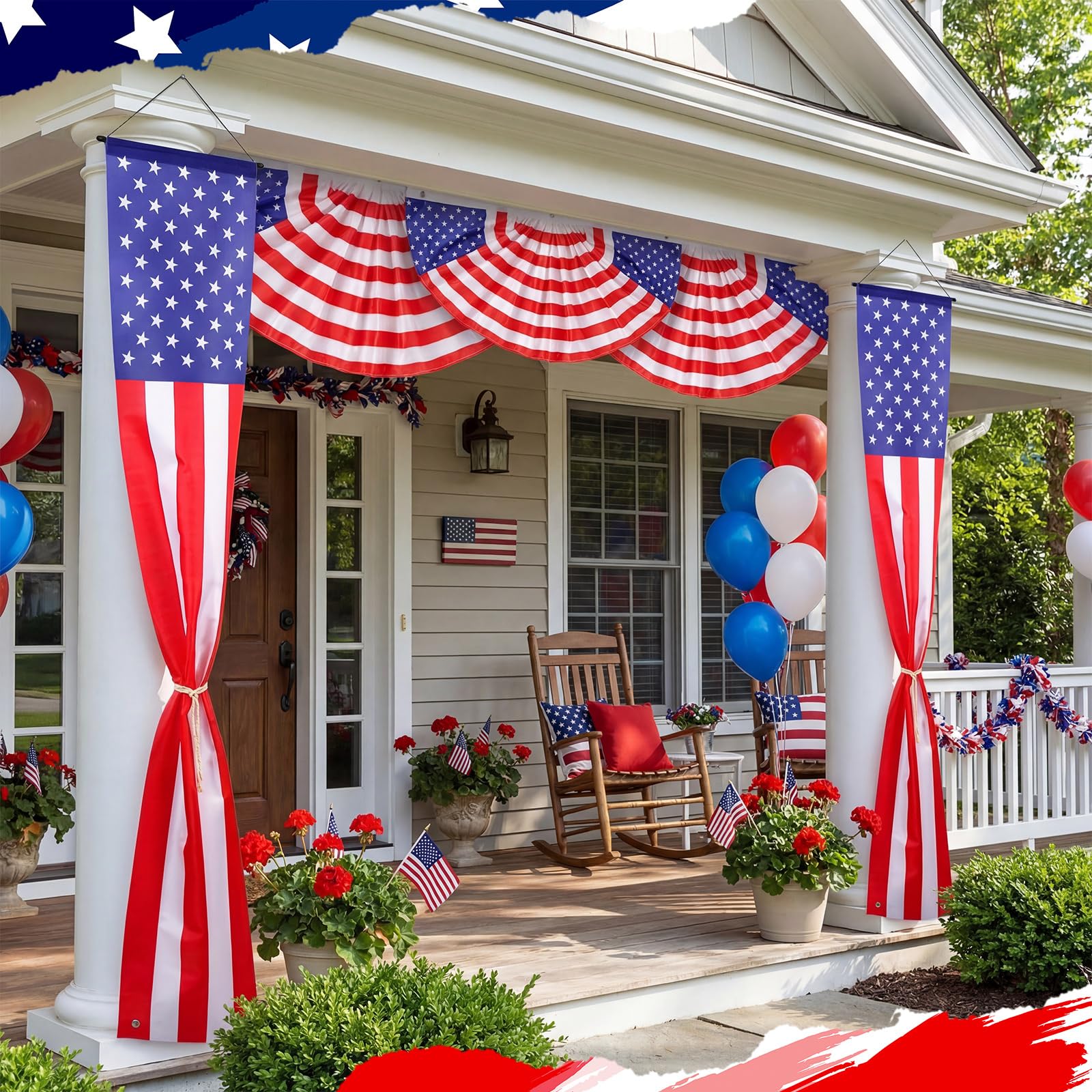 Chumia porch display with banners and fans creating welcoming festive entrance